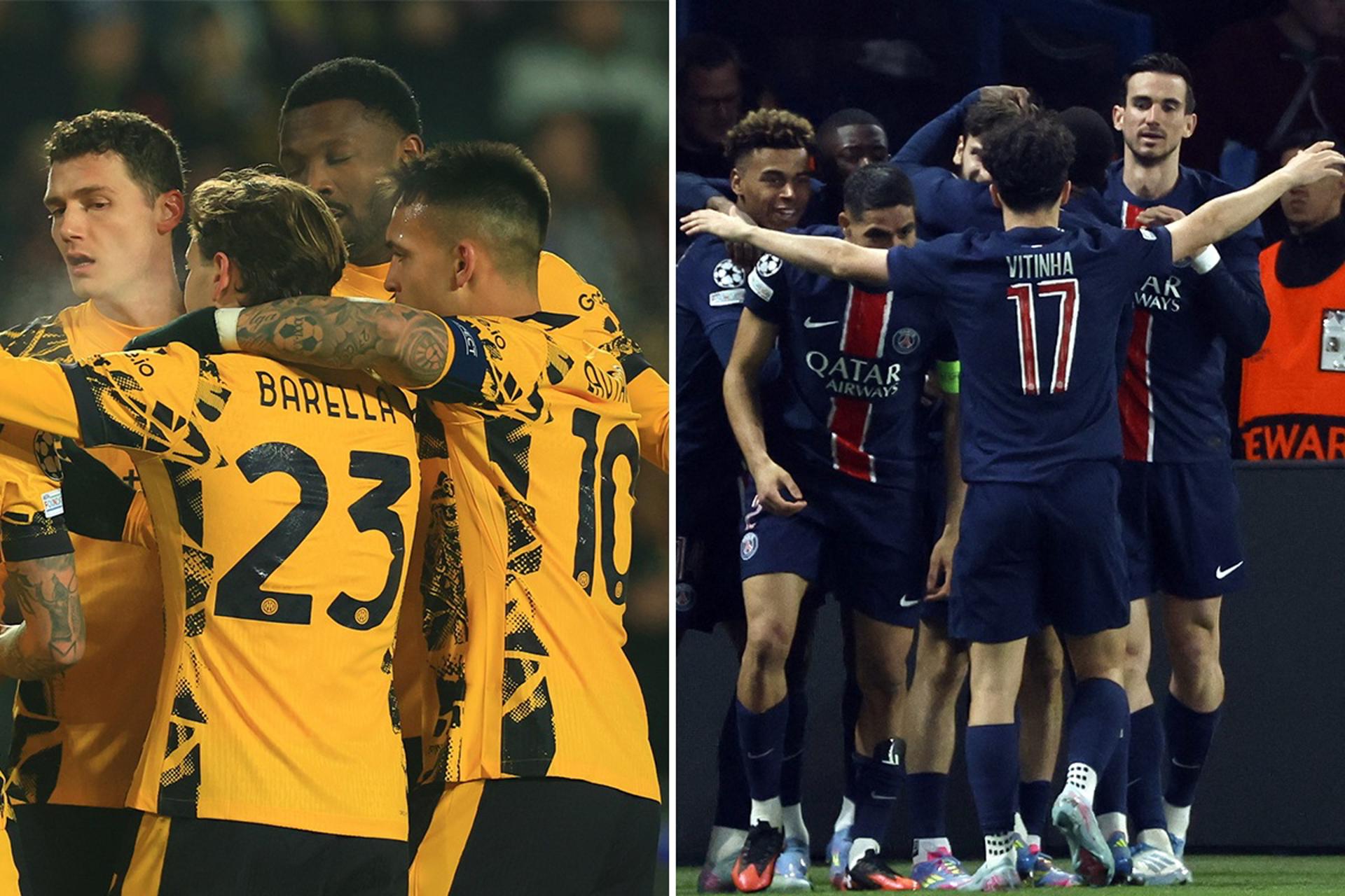 Los jugadores del Inter de Milán y del PSG celebran durante partidos de la Liga de Campeones. EFE/Archivo