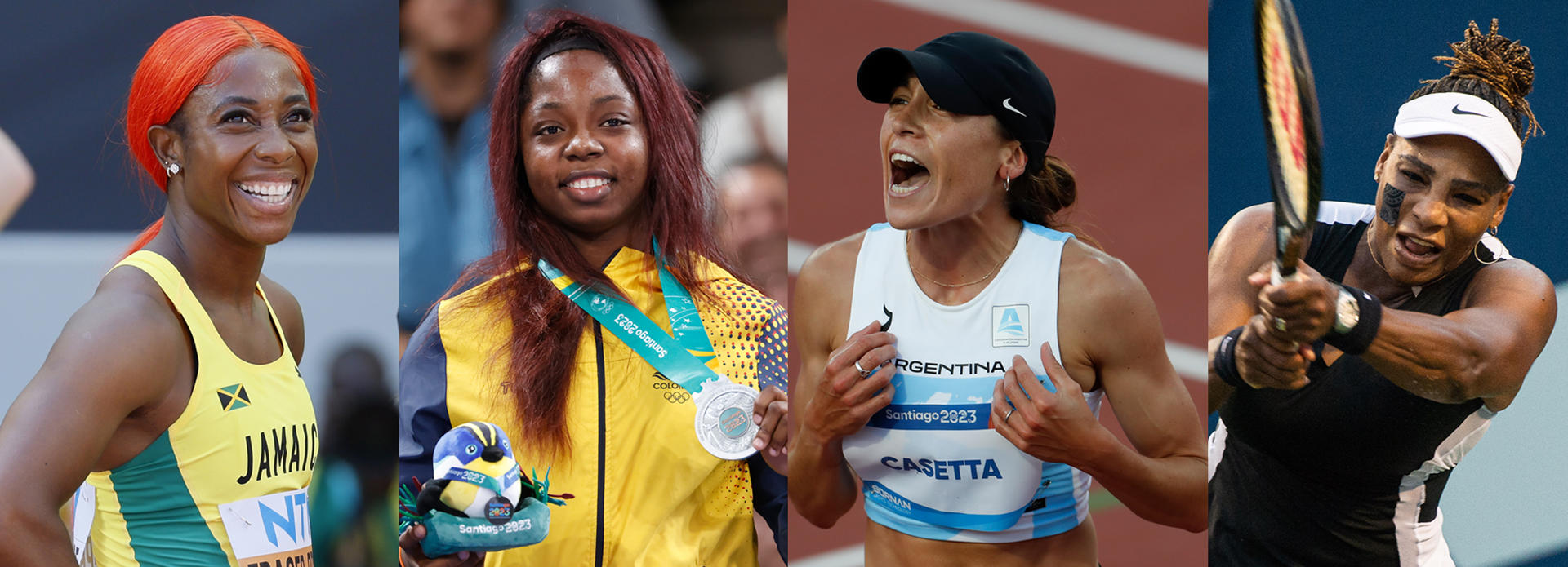 Combo de fotografías de archivo que muestra a las deportistas de izquierda a derecha, Shelly-Ann Fraser-Pryce, Tatiana Rentería, Belén Casetta, y Serena Williams. EFE/ ARCHIVO