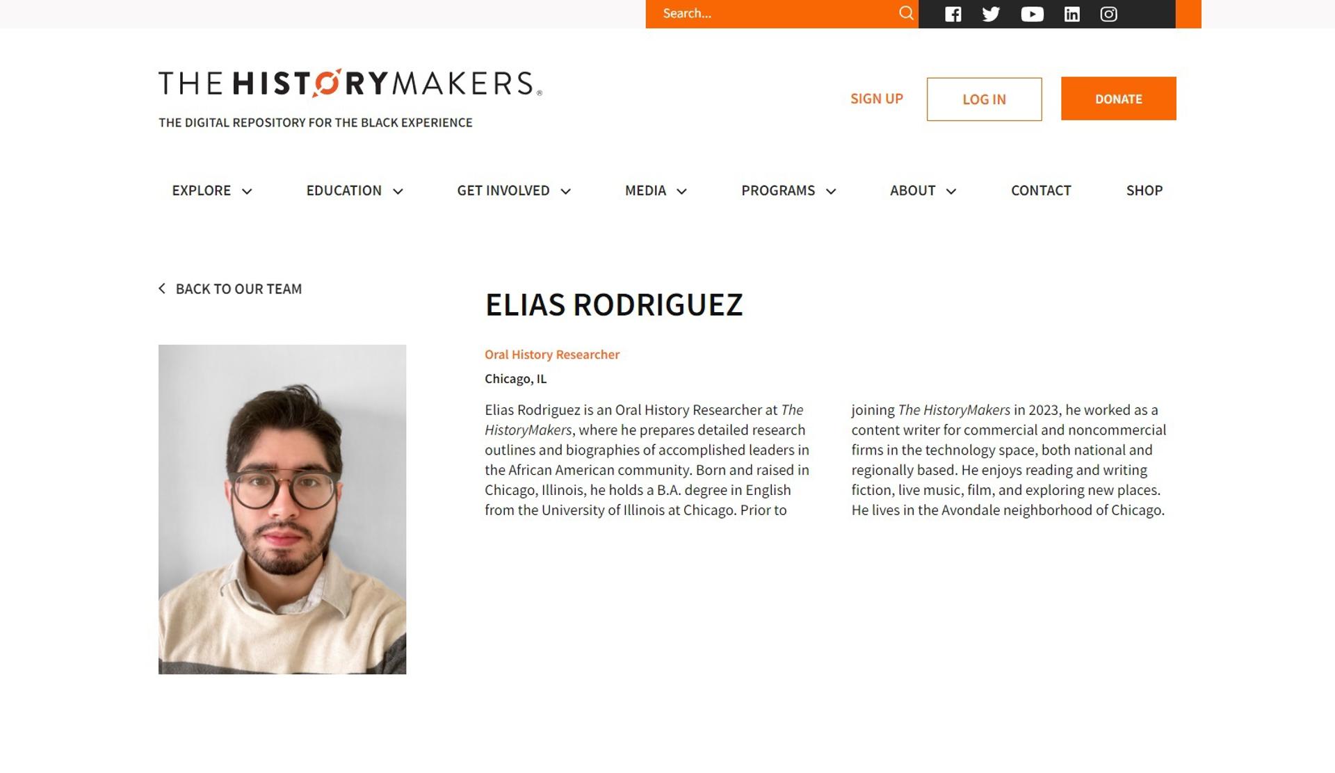 Captura de pantalla de la página de The History Makers que muestra la biografía del perpetrador del tiroteo de Washington Elías Rodríguez. Rodríguez, un filólogo de 30 años de Chicago que tuvo conexión en el pasado con un grupo de izquierda, es el principal acusado de asesinar el miércoles a dos trabajadores de la embajada de Israel en EE.UU. a su salida del Museo Judío de Washington después de que él mismo indicara a la Policía dónde estaba el arma que supuestamente usó. EFE/ Thehistorymakers.org