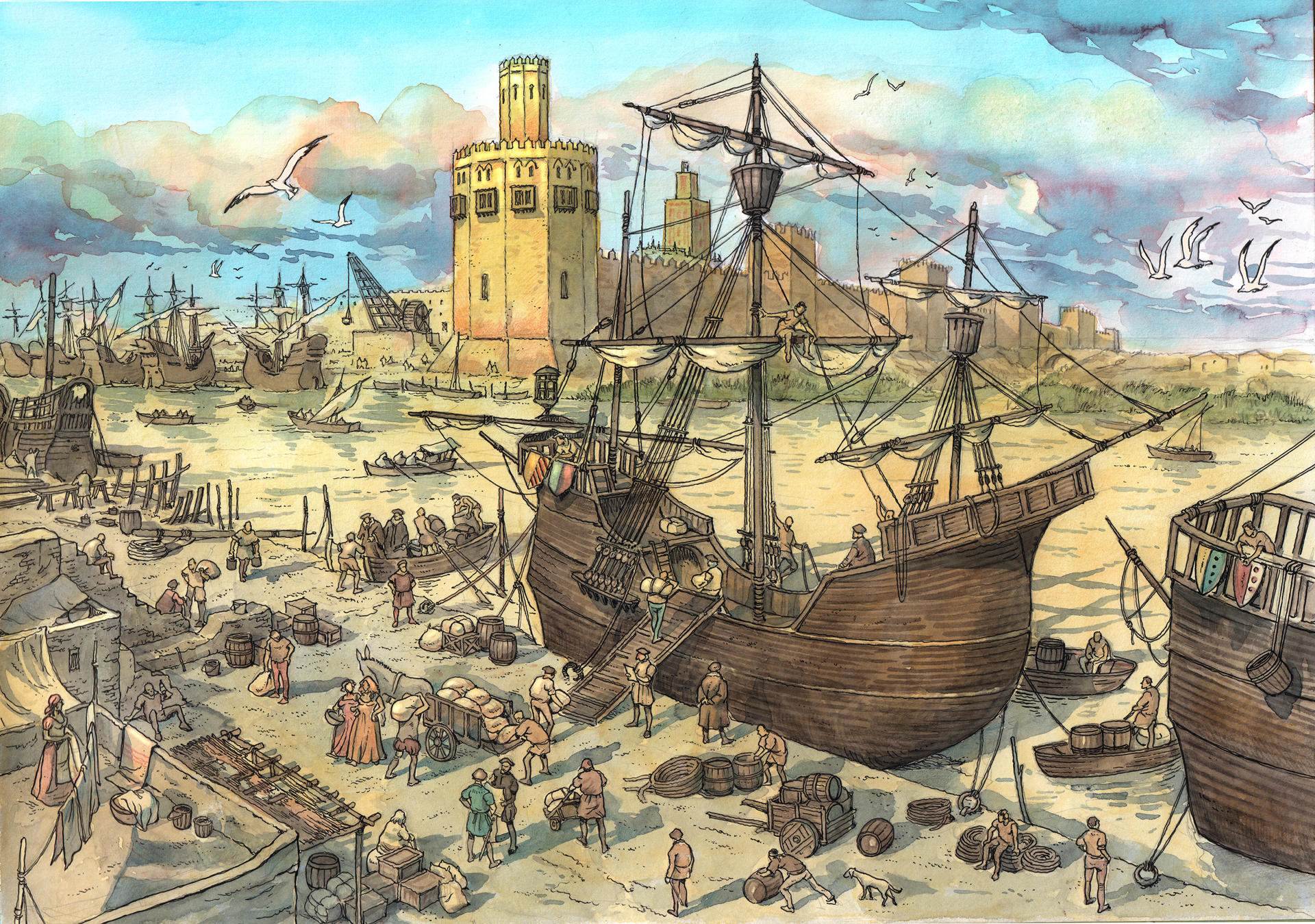 Imagen que se incluye en el libro "Sevilla. Puerta del Mundo", publicado por La Esfera de los Libros y que lleva el subtítulo de "Historia ilustrada de una ciudad imperial" porque, en tamaño folio, reúne unas doscientas ilustraciones de Arturo Redondo, con un estilo influenciado por la narrativa gráfica y el cómic europeo, y siete capítulos breves de Fernando Olmedo, quien también ha ejercido de documentalista del dibujante. EFE/Fernando Olmedo//SOLO USO EDITORIAL/SOLO DISPONIBLE PARA ILUSTRAR LA NOTICIA QUE ACOMPAÑA (CRÉDITO OBLIGATORIO)//
,