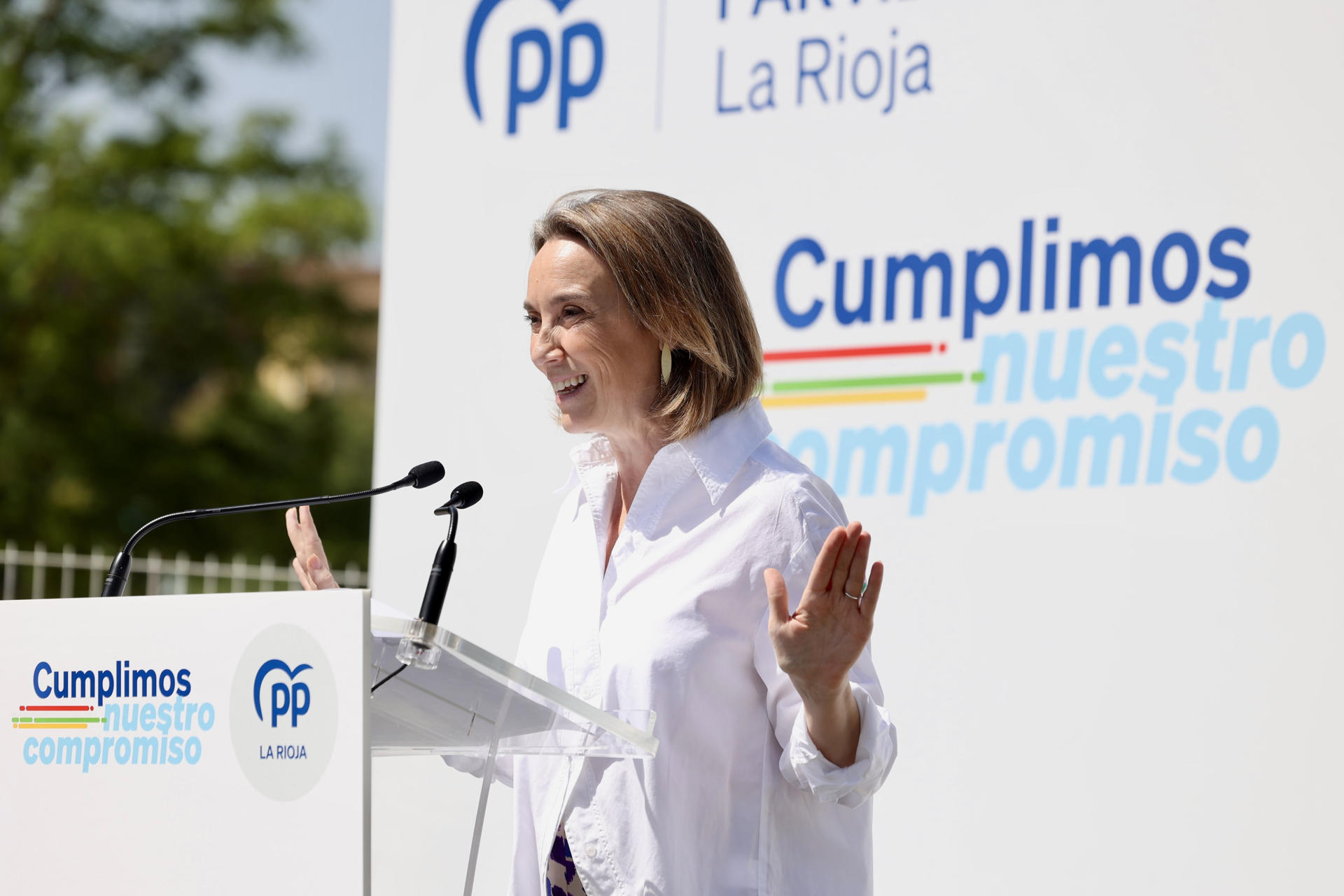 LOGROÑO ,31/05/2025.- La secretaria del general del PP, Cuca Gamarra, interviene en un acto conmemorativo de los dos años de Gobierno del PP en La Rioja, bajo el lema 'Cumpliendo con nuestro compromiso', este sábado en Logroño. EFE/Raquel Manzanares