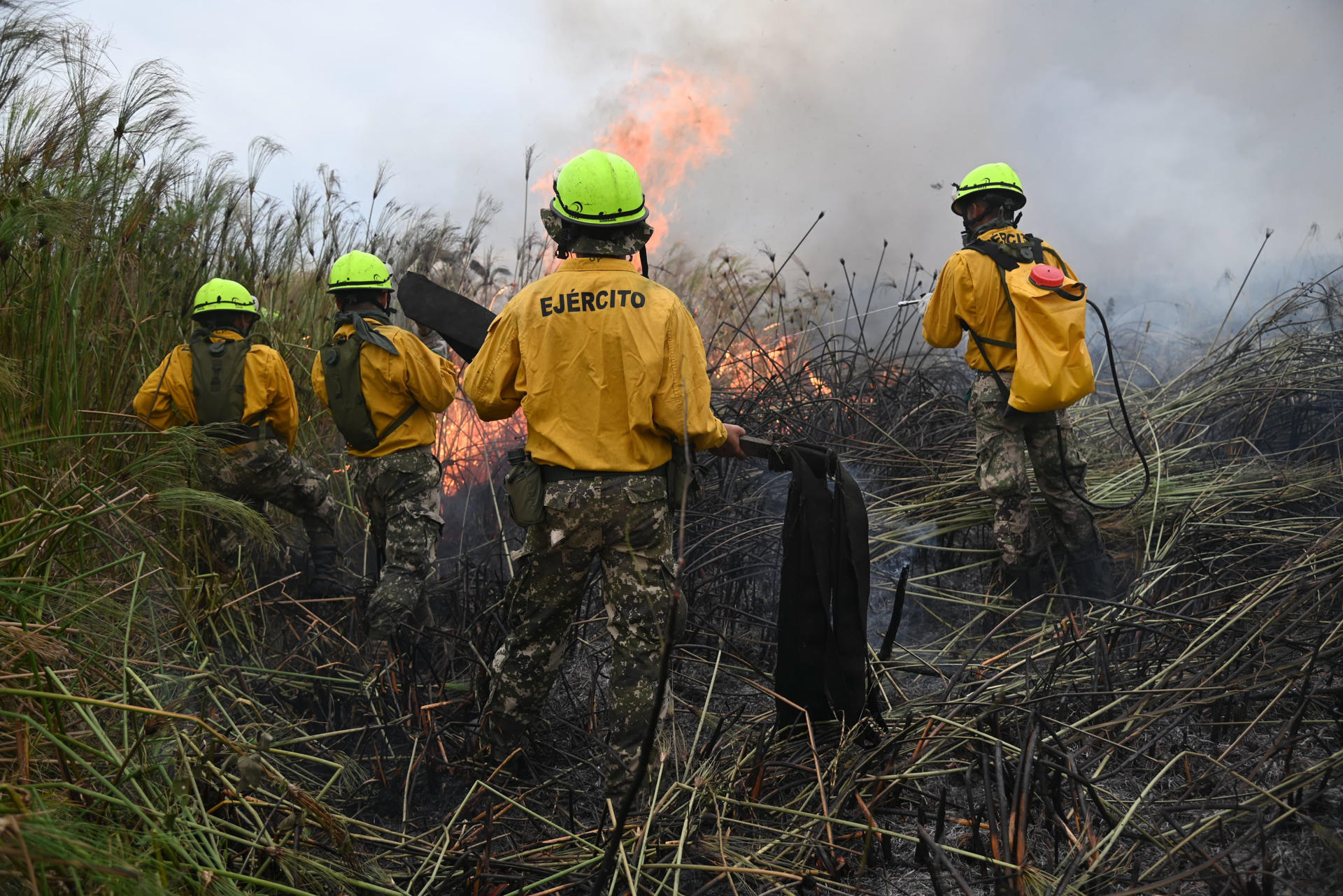 Integrantes del Ejército de Paraguay combaten un incendio forestal este miércoles, en San Bernardino (Paraguay). EFE/ Ministerio de Defensa de Paraguay
