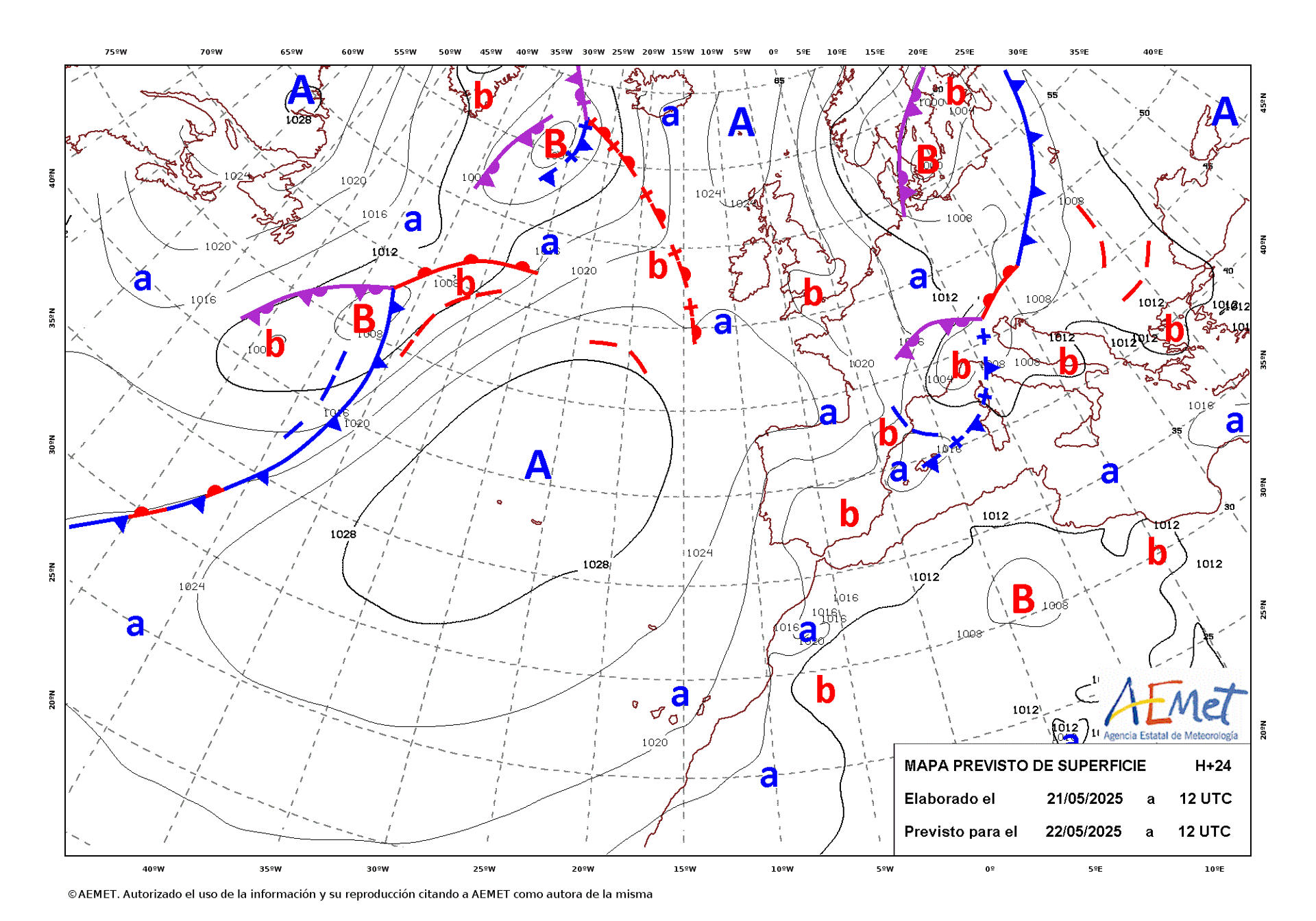 Mapa de isobaras facilitado por la Aemet, elaborado el 21/05/2025 y previsto para el 22/05/2025. EFE/Aemet SOLO USO EDITORIAL/SOLO DISPONIBLE PARA ILUSTRAR LA NOTICIA QUE ACOMPAÑA (CRÉDITO OBLIGATORIO)