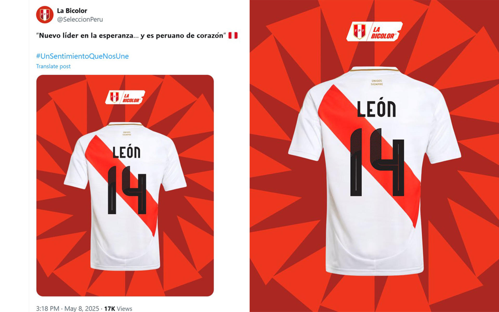 Imágenes tomadas de la cuenta en X de la selección peruana de fútbol @SelecciónPeru de una camiseta de la selección con el nombre León y el número catorce en honor al papa León XIV. EFE/ @SelecciónPeru