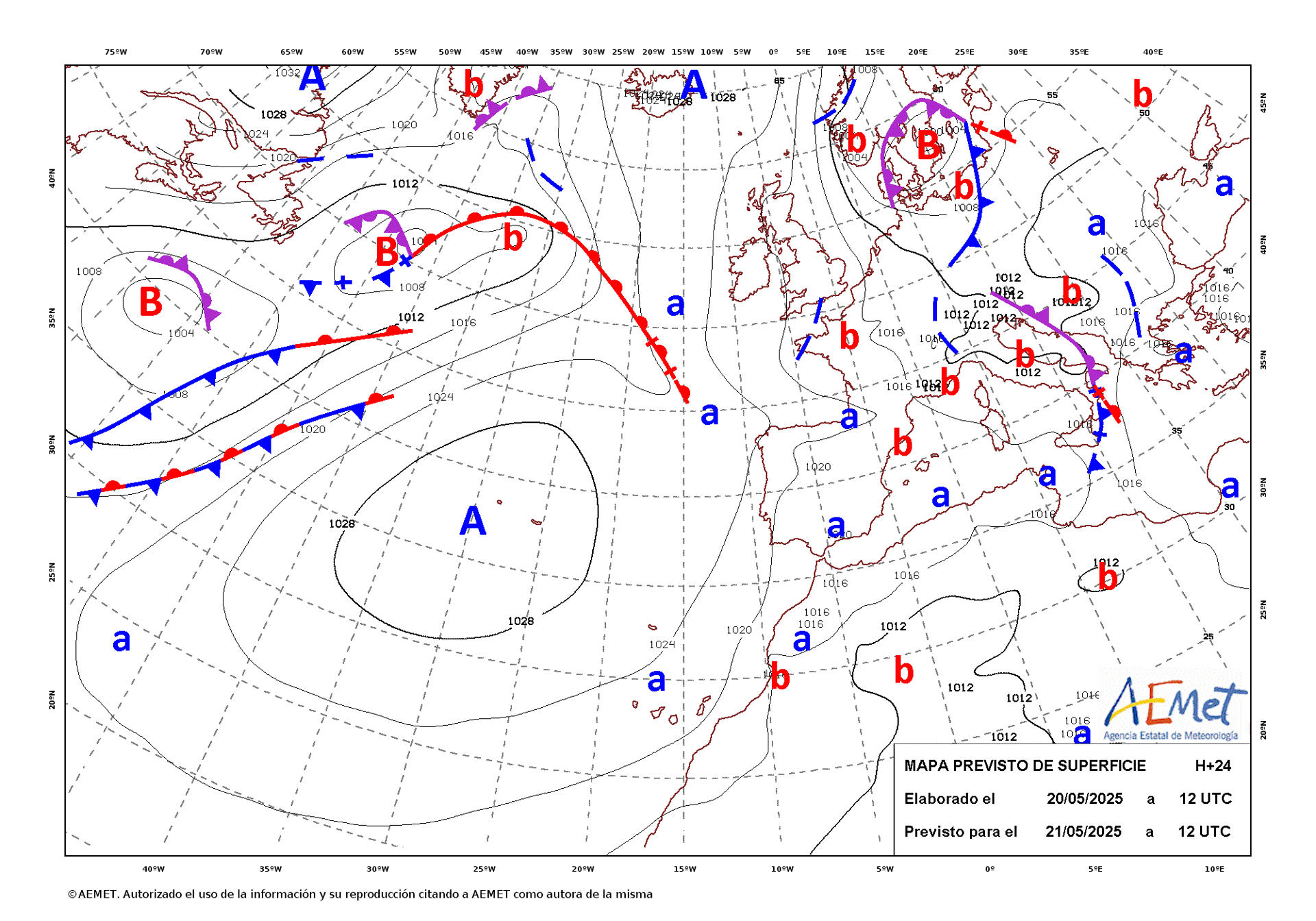 Mapa de isobaras facilitado por la Aemet, elaborado el 20/05/2025 y previsto para el 21/05/2025. EFE/Aemet SOLO USO EDITORIAL/SOLO DISPONIBLE PARA ILUSTRAR LA NOTICIA QUE ACOMPAÑA (CRÉDITO OBLIGATORIO)