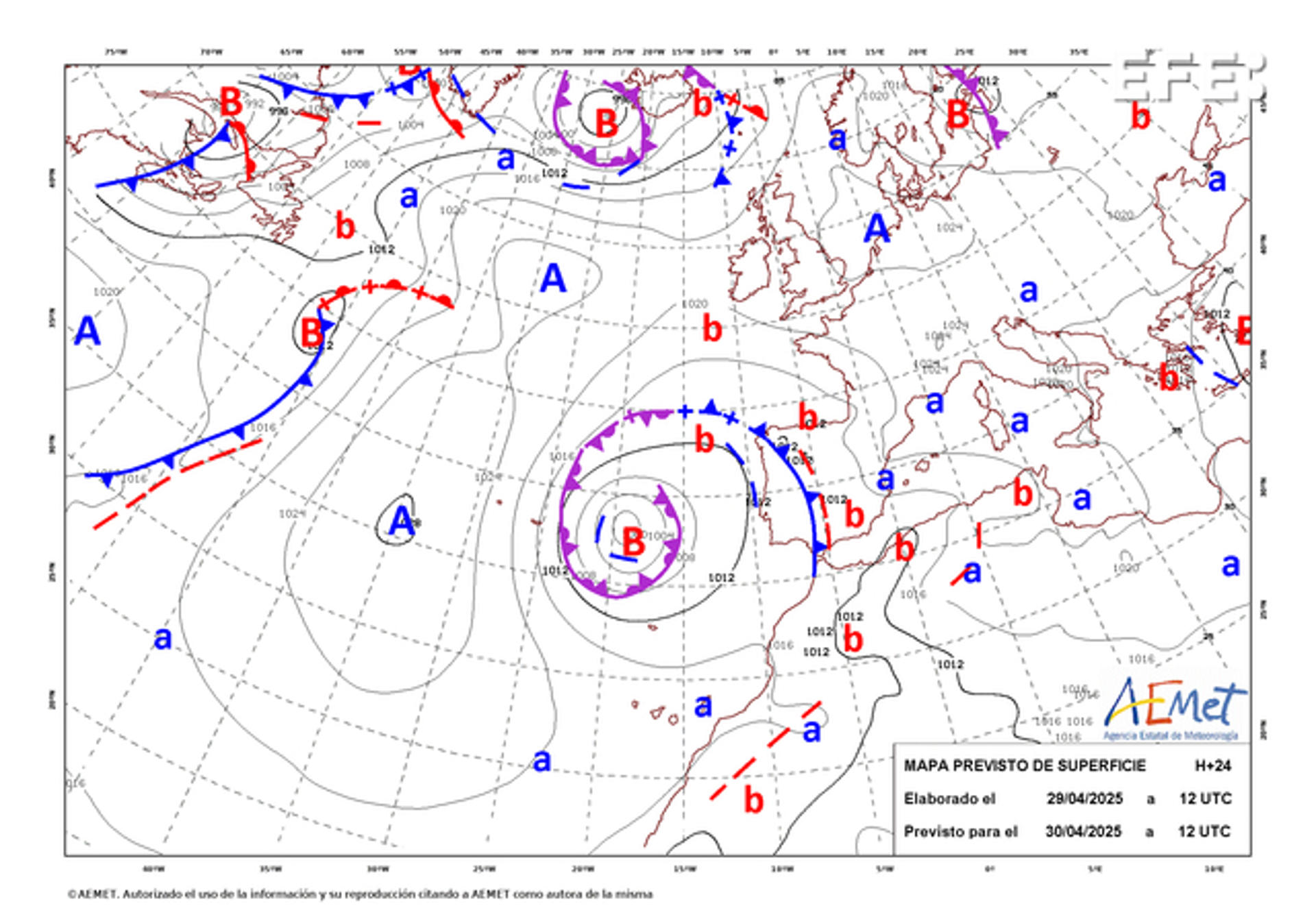 .- Mapa de isobaras facilitado por la Aemet previsto para el 30/04/2025. EFE/Aemet