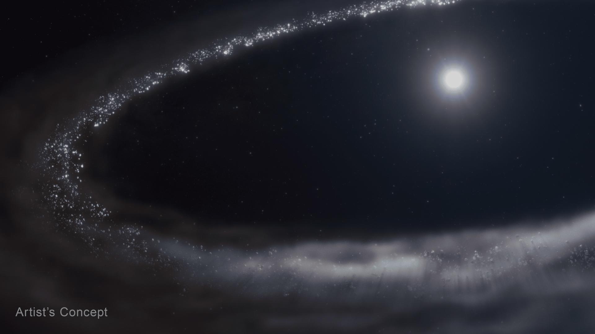 Científicos confirman la presencia de hielo de agua cristalino en un disco de escombros polvorientos que orbita una estrella similar al Sol, utilizando el telescopio espacial James Webb. Crédito de la ilustración artística: NASA, ESA, CSA, STScI, Ralf Crawford (STScI). Imagen facilitada por la Universidad de Oviedo.