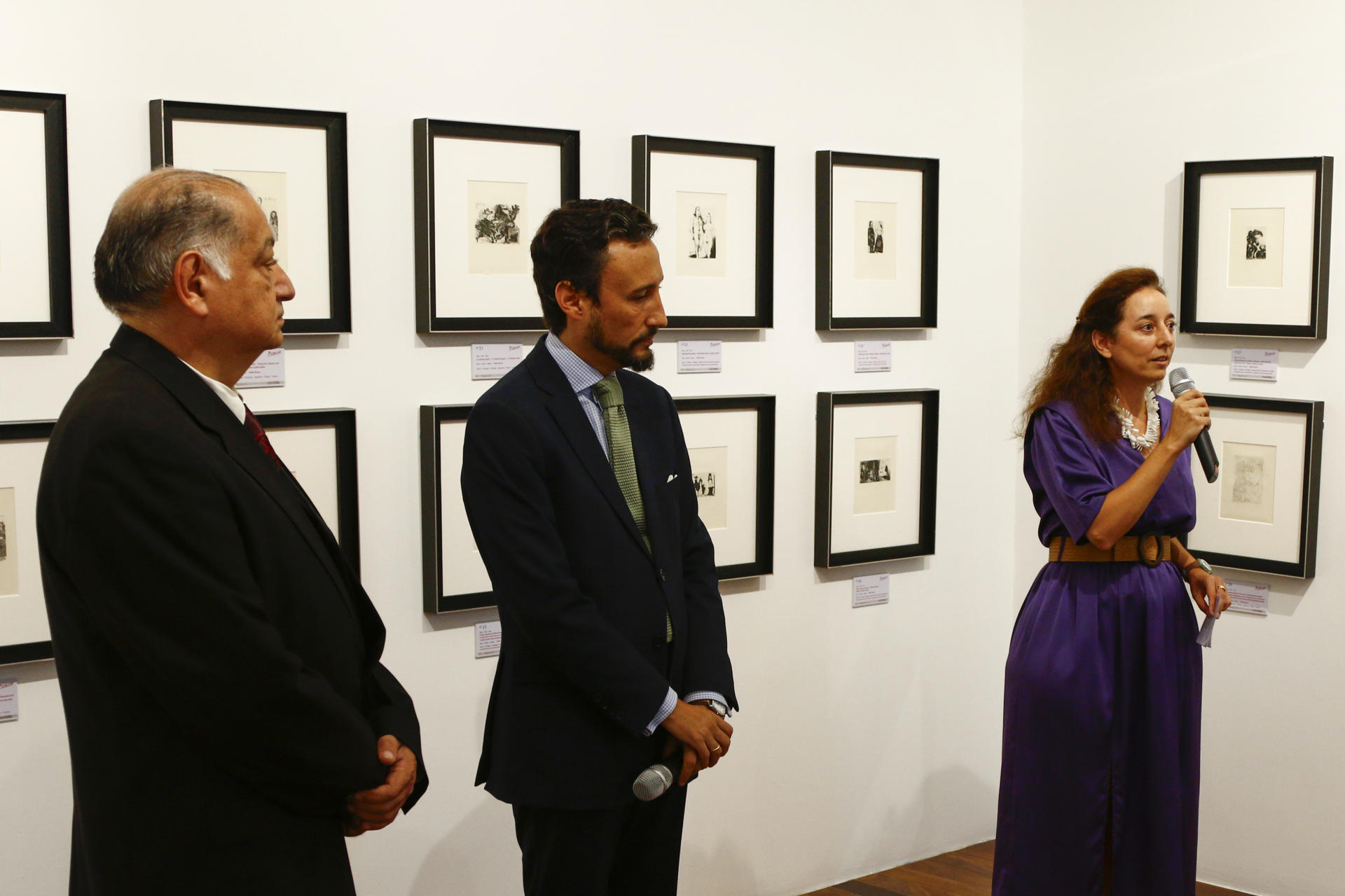 El director de la Fundación Universitaria Iberoamericana (Funiber) en Panamá, Gregorio Urriola (i), el director de la Fundación Universitaria Iberoamericana (Funiber) en Panamá, Gregorio Urriola, y la directora del Centro Cultural de España en Panamá, Elena González asisten a la exposición sobre la interpretación con 66 grabados que el artista español Pablo Picasso (1881-1973) hizo de 'La Celestina', este martes en el Centro Cultural de España en Panamá (CCE) en Ciudad de Panamá (Panamá). EFE/ Moncho Torres