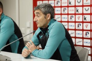 El entrenador del Athletic de Bilbao, Ernesto Valverde, ha ofrecido este miércoles una rueda de prensa previa al partido liguero del jueves ante el Getafe en el Coliseum. EFE/ Miguel Toña