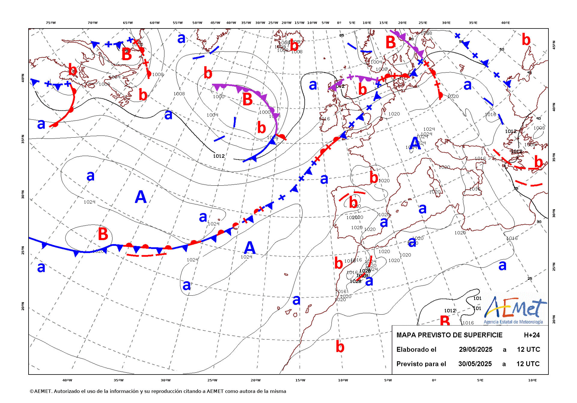 Mapa de isobaras facilitado por la Aemet, elaborado el 29/05/2025 y previsto para el 30/05/2025. EFE/Aemet SOLO USO EDITORIAL/SOLO DISPONIBLE PARA ILUSTRAR LA NOTICIA QUE ACOMPAÑA (CRÉDITO OBLIGATORIO)
