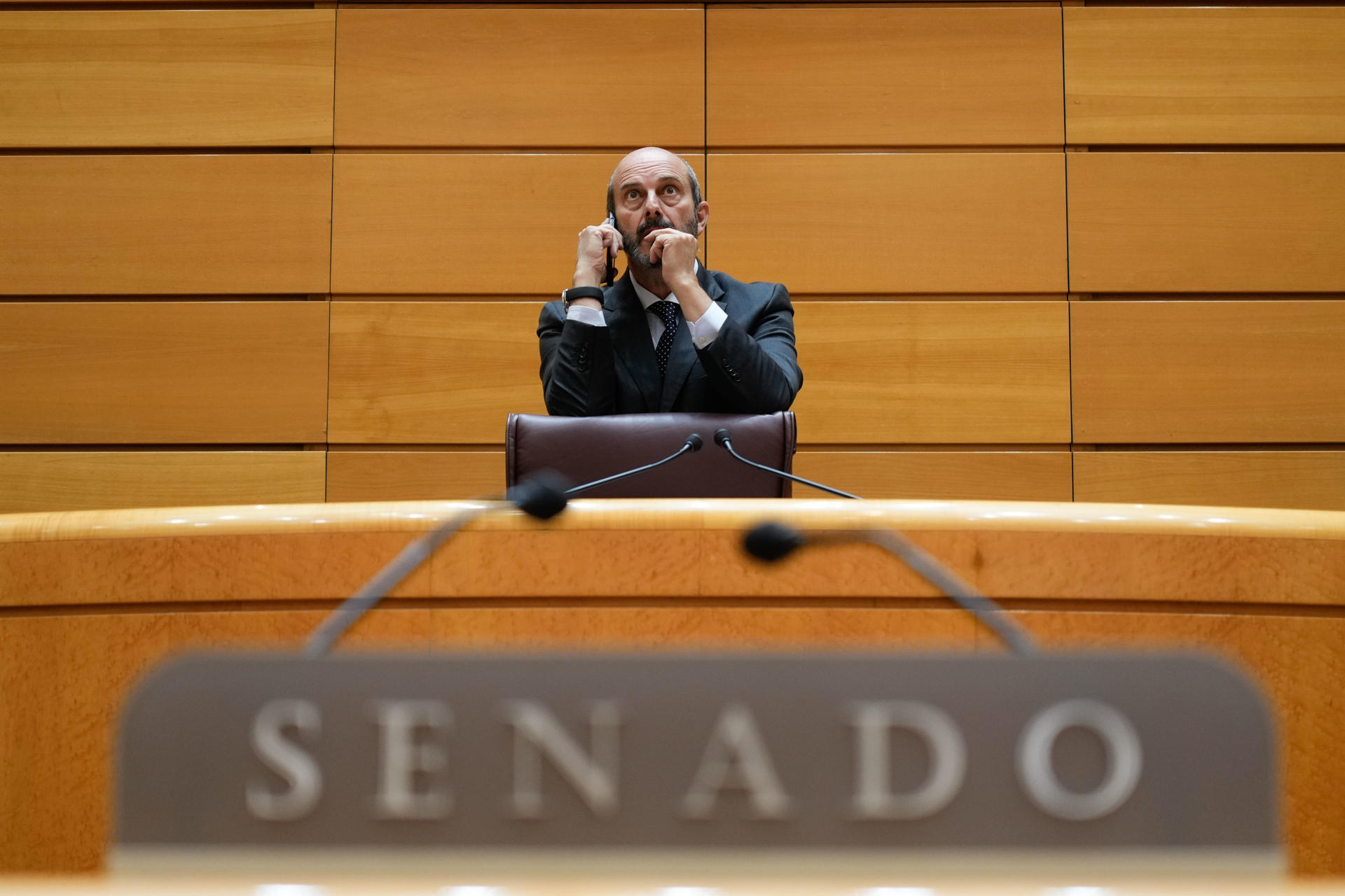 El presidente del senado, Pedro Rollán, durante la sesión de control al Gobierno celebrada este martes en el pleno del Senado. EFE/ Borja Sanchez-Trillo