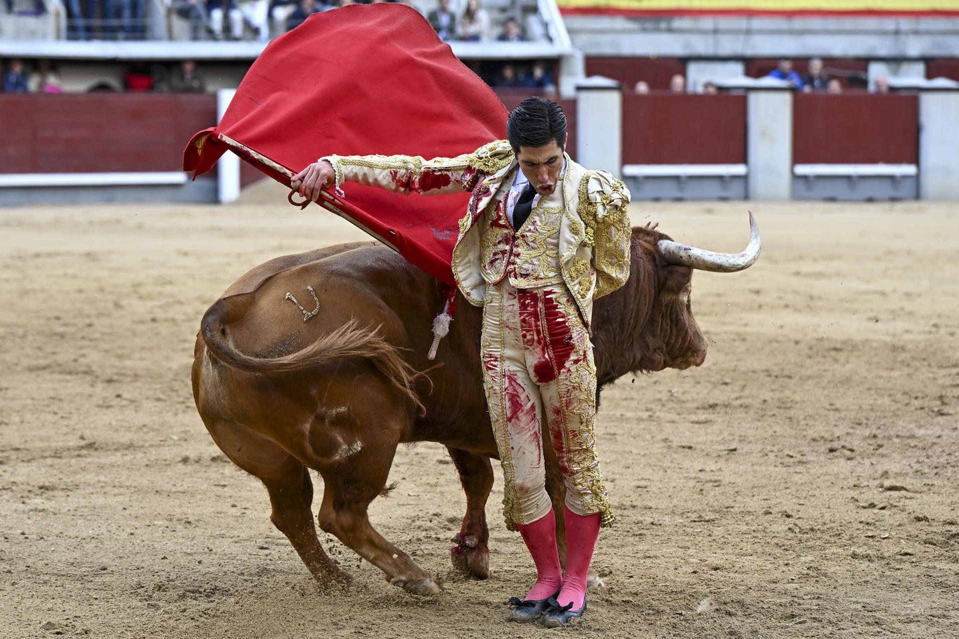 El diestro Álvaro Lorenzo da un pase con la muleta al primero de los de su lote, durante la corrida goyesca del Dos de Mayo celebrada este viernes en la plaza de toros de Las Ventas, en Madrid. EFE/Fernando Villar