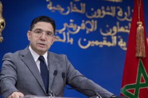El ministro marroquí de Asuntos Exteriores, Nasser Bourita, interviene en la quinta reunión de la Coalición Internacional para la Aplicación de la Solución de los Dos Estados, en Rabat, Marruecos, 20 de mayo de 2025. (Marruecos) EFE/EPA/JALAL MORCHIDI
```