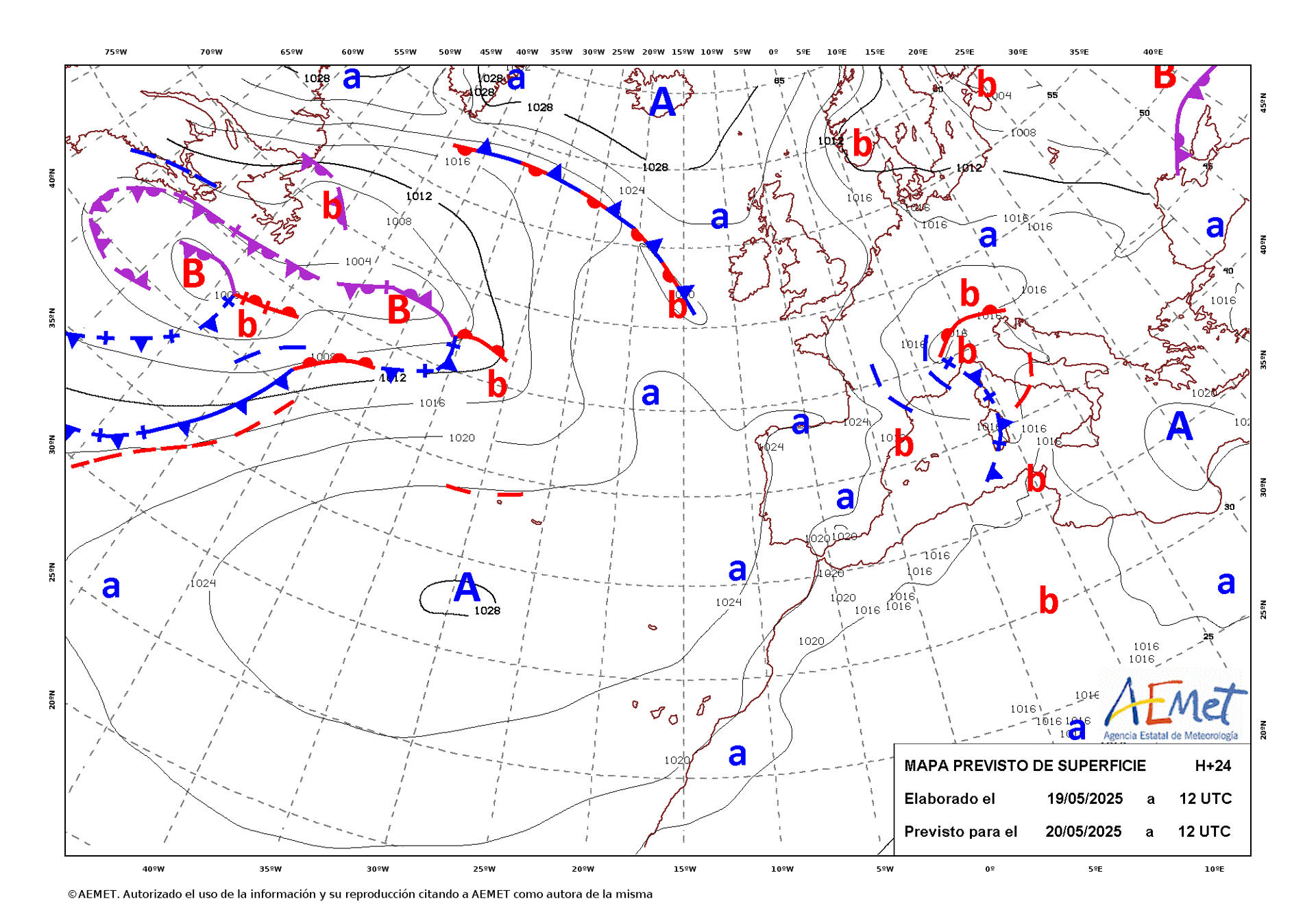 Mapa de isobaras facilitado por la Aemet, elaborado el 19/05/2025 y previsto para el 20/05/2025. EFE/Aemet SOLO USO EDITORIAL/SOLO DISPONIBLE PARA ILUSTRAR LA NOTICIA QUE ACOMPAÑA (CRÉDITO OBLIGATORIO)