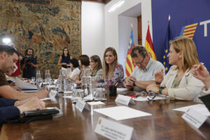 La vicepresidenta y ministra para la Transición Ecológica y el Reto Demográfico, Sara Aagesen (centro), se reúne con las asociaciones de víctimas de la dana de Valencia para tratar sobre las obras contra las inundaciones en los barrancos del Poyo, Gallego y La Saleta. EFE/Manuel Bruque