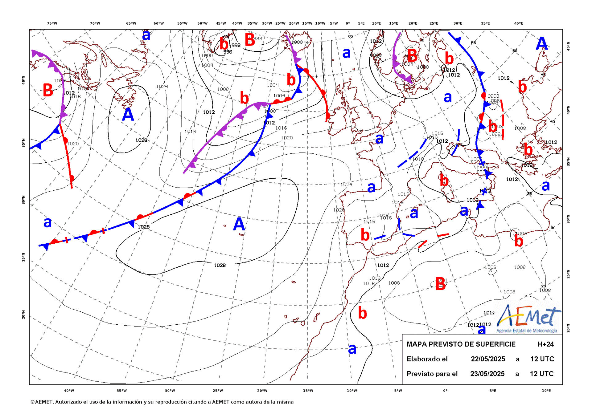 Mapa de isobaras facilitado por la Aemet, elaborado el 22/05/2025 y previsto para el 23/05/2025. EFE/Aemet SOLO USO EDITORIAL/SOLO DISPONIBLE PARA ILUSTRAR LA NOTICIA QUE ACOMPAÑA (CRÉDITO OBLIGATORIO)