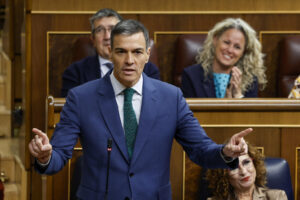 El presidente del Gobierno, Pedro Sánchez, interviene en la sesión de control al Ejecutivo que este miércoles celebra el Congreso. EFE/ Chema Moya