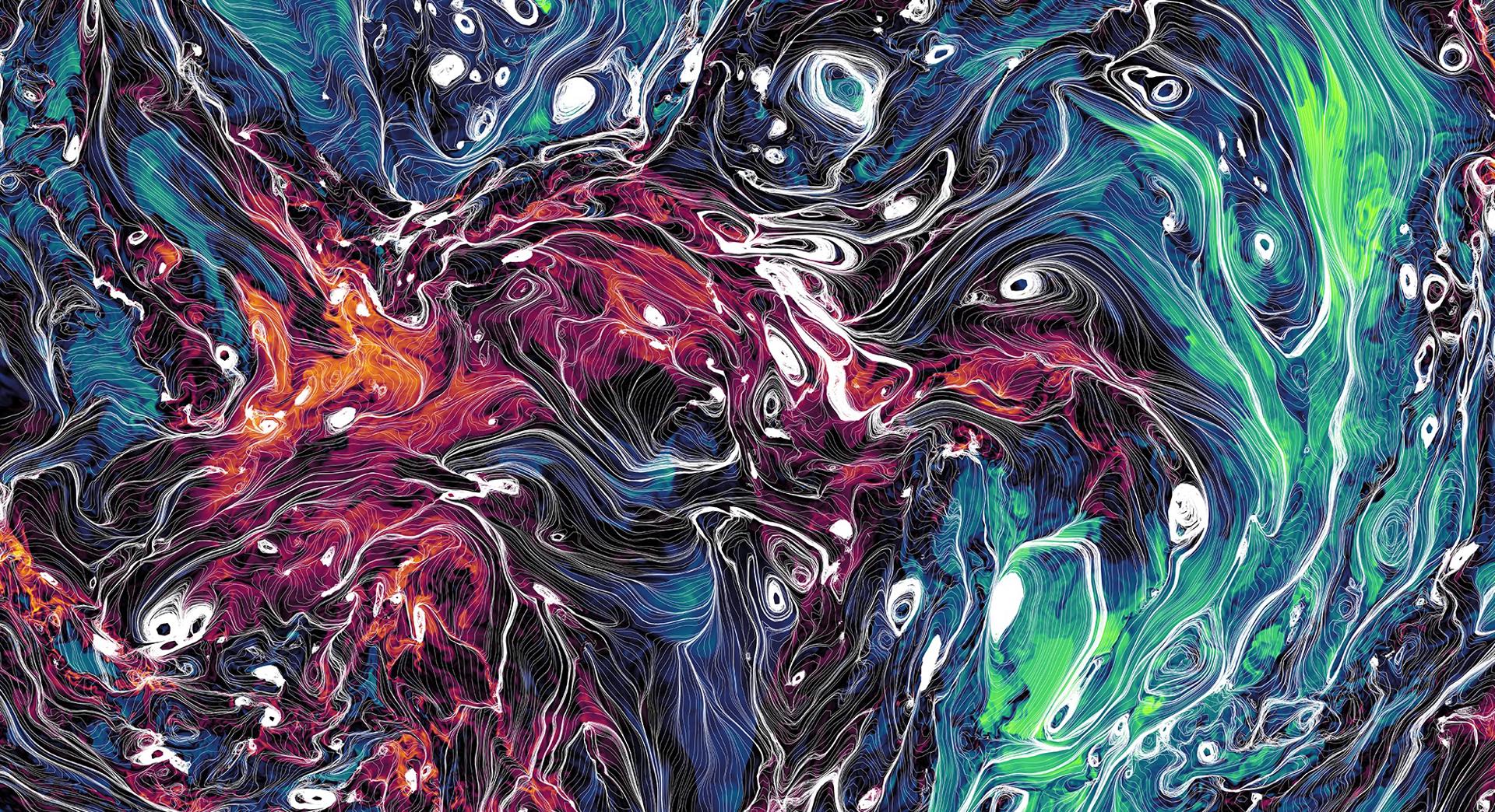 Una instantánea de la caótica danza entre el plasma y los campos magnéticos en la mayor simulación mundial de turbulencia magnetizada, el tipo de turbulencia que se encuentra en toda nuestra galaxia. Este corte 2D de la mayor simulación de turbulencia del mundo muestra la estructura fractal de la densidad, en amarillo, negro y rojo, y del campo magnético, en blanco. Fotografía facilitada por James Beattie. EFE