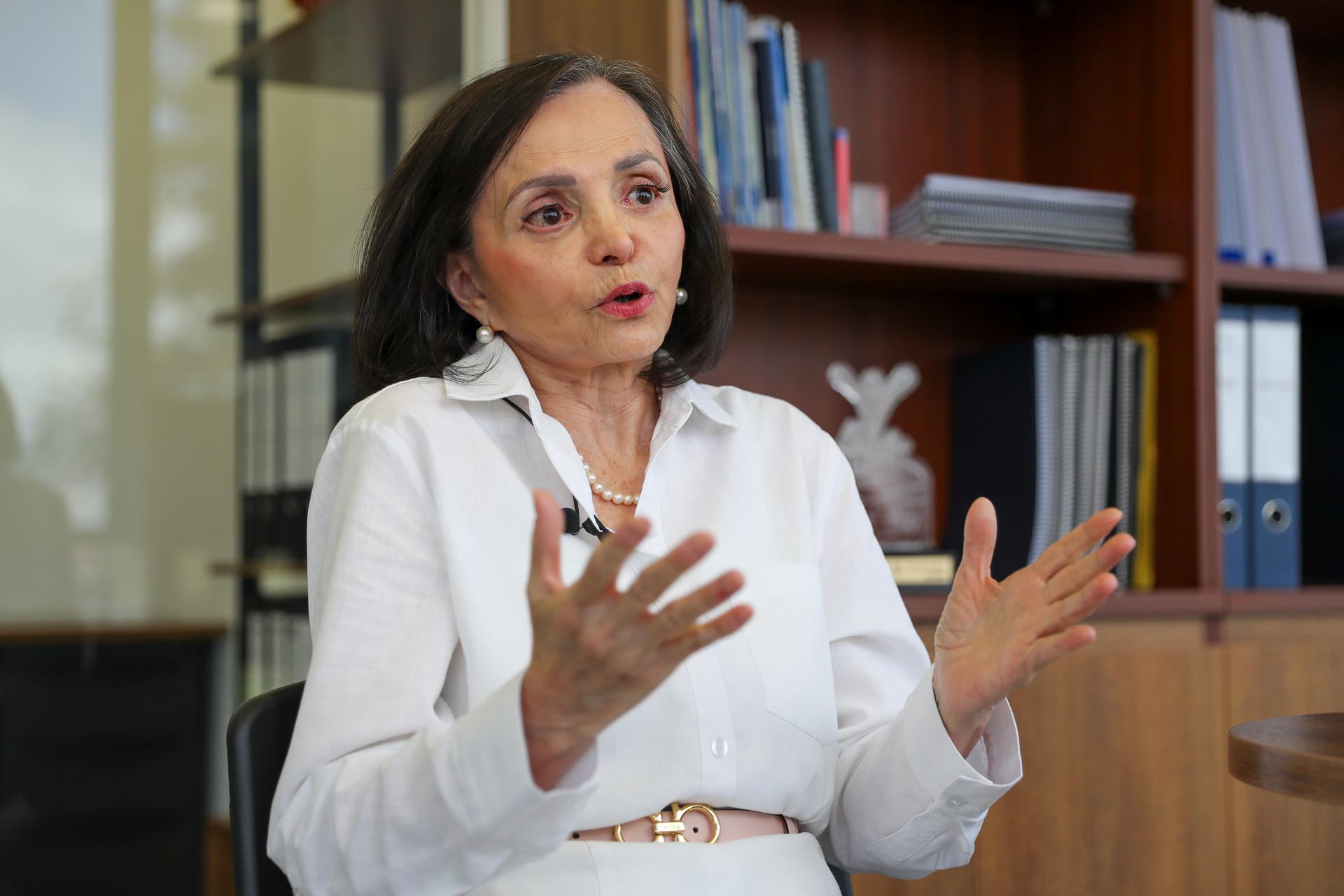 Fotografía de la presidenta de la Asociación de Clínicas y Hospitales Privados de Ecuador (ACHPE), Ana Delgado, hablando durante una entrevista con EFE en Quito (Ecuador). EFE/ José Jácome