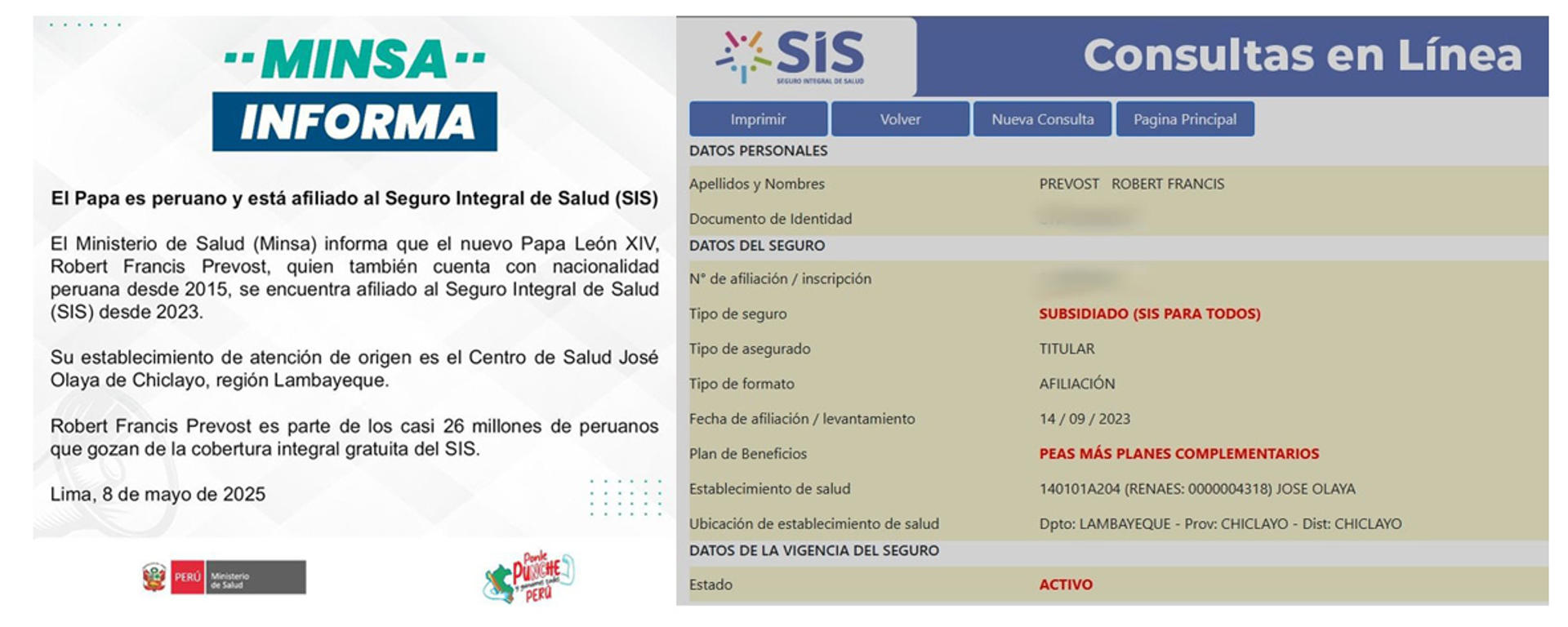 Imágenes tomadas de la cuenta en X del Ministerio de Salud de Perú @Minsa_Peru que muestra la afiliación de Robert Francis Prevost al sistema de Seguro Integral de Salud (SIS). EFE/@Minsa_Peru