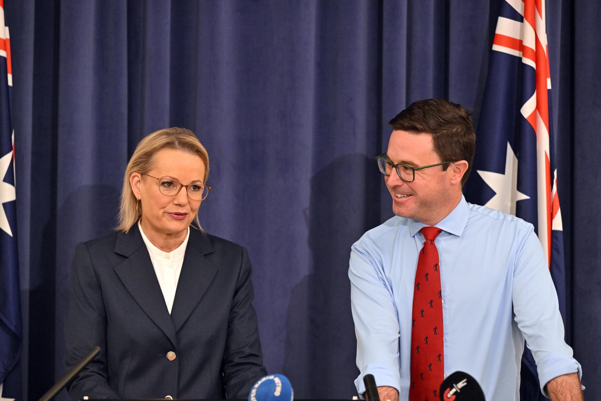 La líder del Partido Liberal, Sussan Ley (i), y su homólogo del Partido Nacional, David Littleproud (d), durante la rueda de prensa para anunciar una nueva coalición conservadora.
EFE/EPA/MICK TSIKAS NO ARCHIVING AUSTRALIA AND NEW ZEALAND OUT