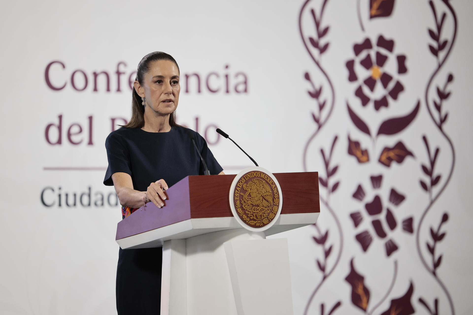 La presidenta de México, Claudia Sheinbaum, habla durante su conferencia de prensa matutina este viernes, en Palacio Nacional de Ciudad de México (México). EFE/ José Méndez