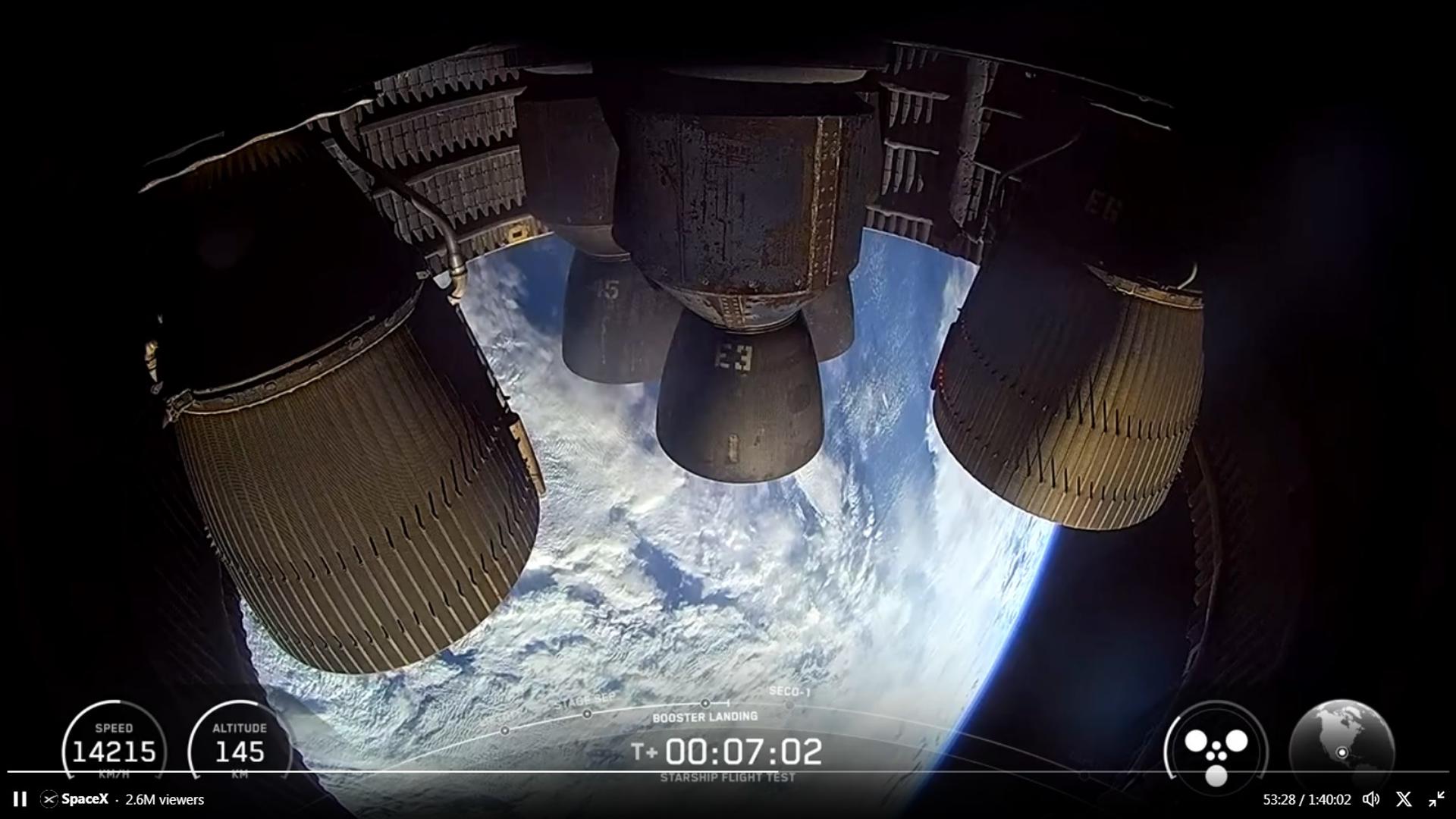 Captura de video de SpaceX del lanzamiento del cohete Starship este martes, desde Starbase, la base recién nombrada cerca de Brownsville, Texas (Estados Unidos). EFE/ SpaceX