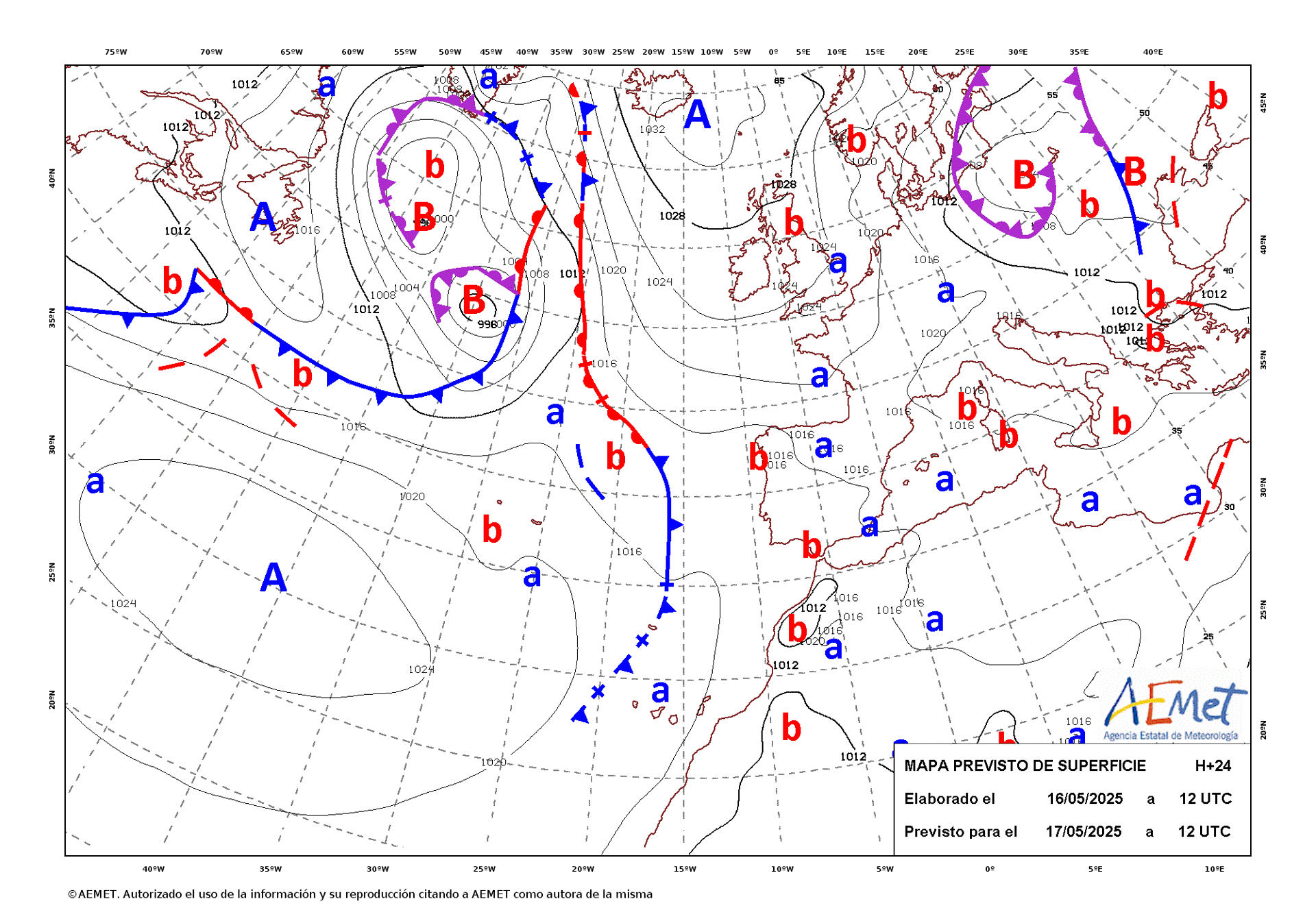Mapa de isobaras facilitado por la Aemet, elaborado el 16/05/2025 y previsto para el 17/05/2025. EFE/Aemet SOLO USO EDITORIAL/SOLO DISPONIBLE PARA ILUSTRAR LA NOTICIA QUE ACOMPAÑA (CRÉDITO OBLIGATORIO)