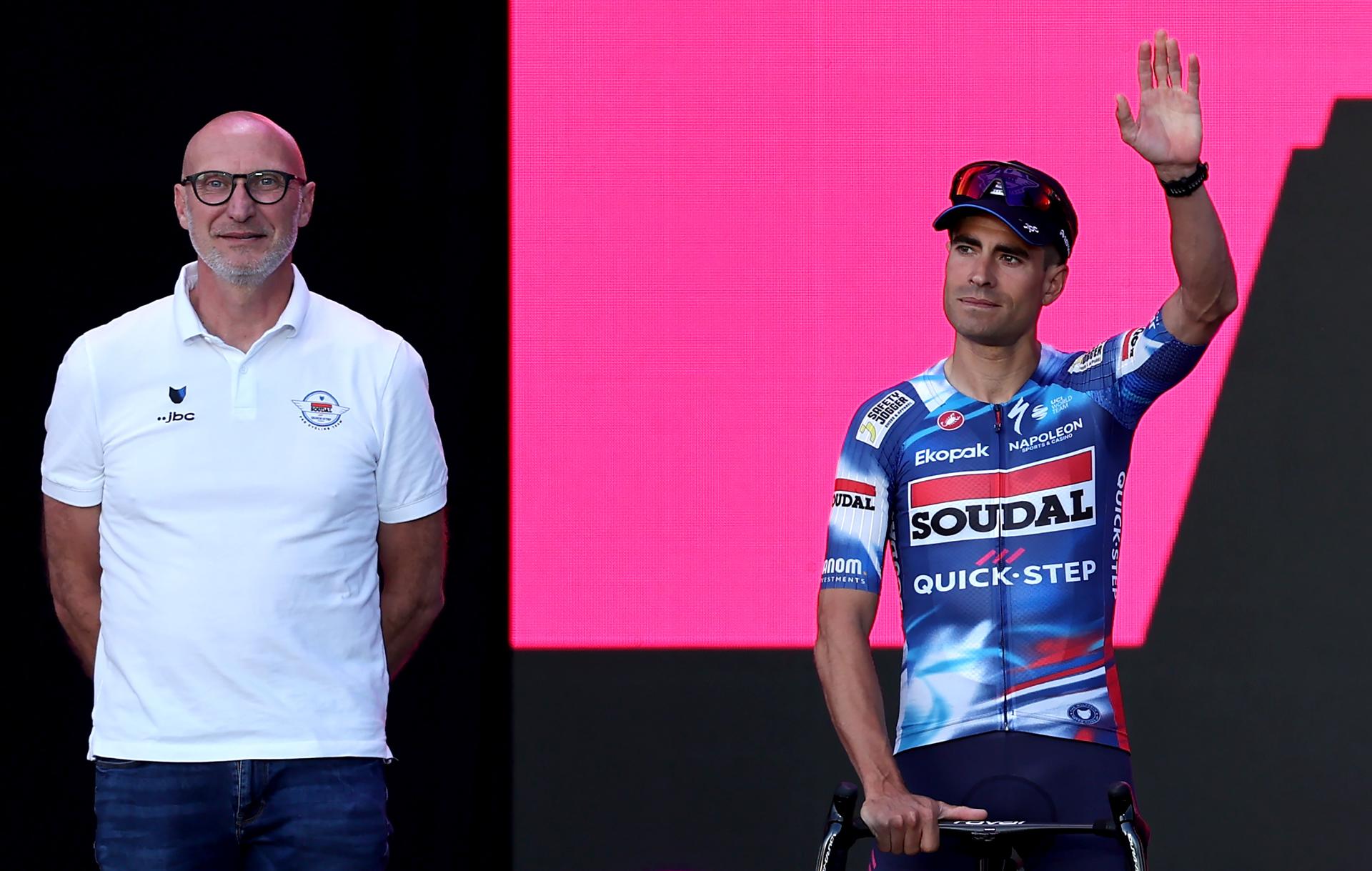 Fotografía de Georgi Licovski, en la que puede verse al ciclista español Mikel Landa (d), durante la presentación de equipos para el Giro de Italia el 7 de mayo. El corredor del Soudal sufre fractura en una vértebra, por lo que tuvo que retirarse de la competición. EFE