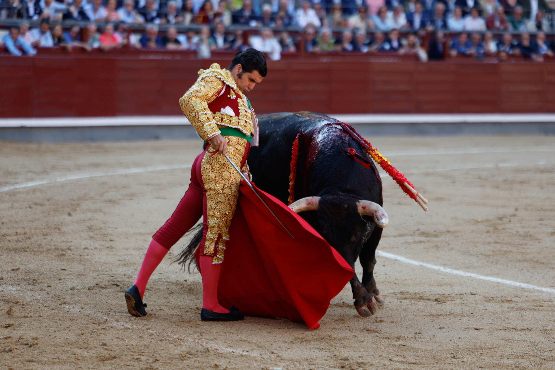 El diestro Morante de la Puebla durante la corrida de la prensa de la Feria de San Isidro, con reses de Garcigrande, este miércoles en la Plaza de Toros de Las Ventas, en Madrid. EFE/ Juanjo Martín