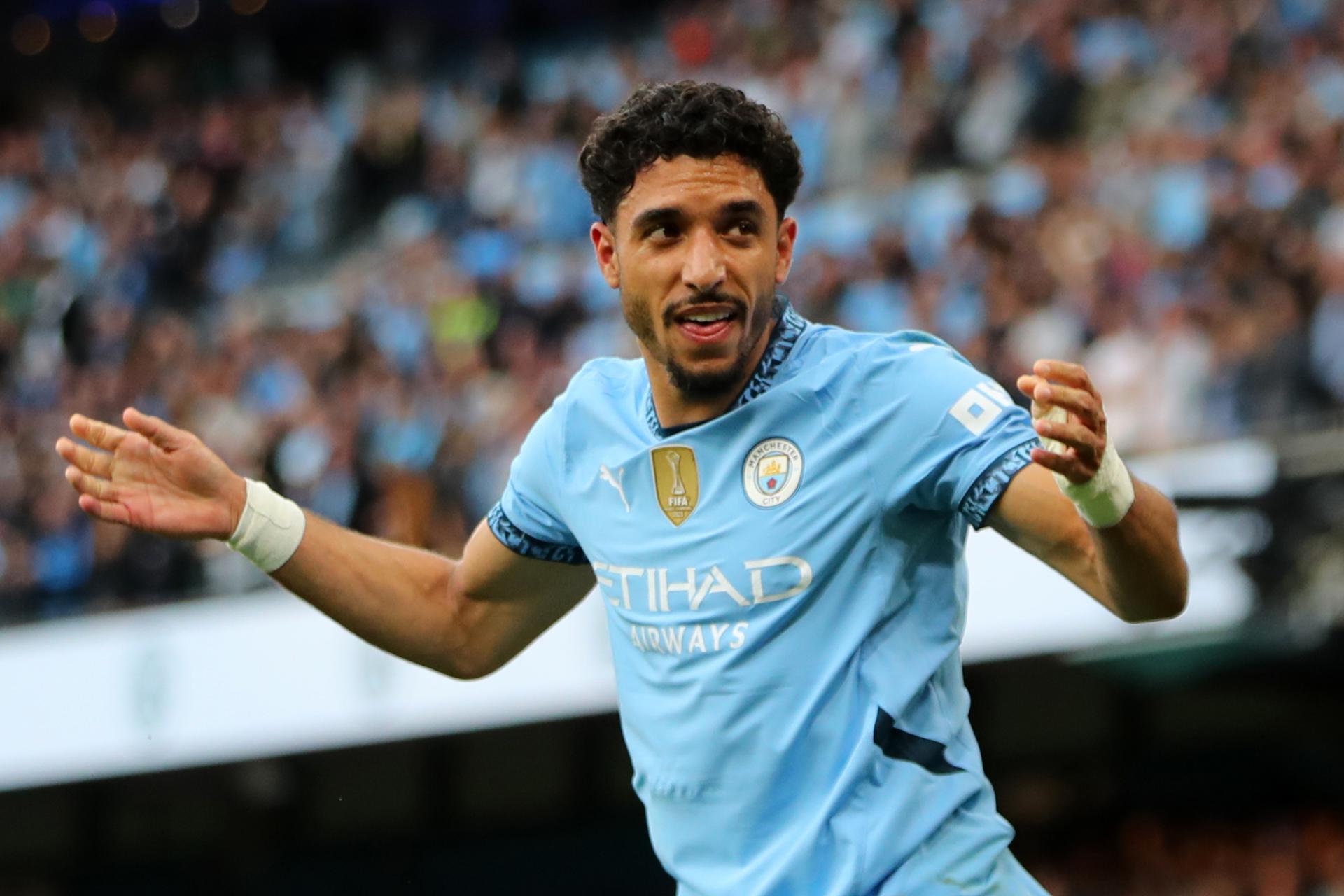 El delantero egipcio Omar Marmoush, del Manchester City, celebra el 1-0 durante el partido de la Premier League que han jugado Manchester City y AFC Bournemouth, en Manchester, Reino Unido. EFE/EPA/ASH ALLEN .