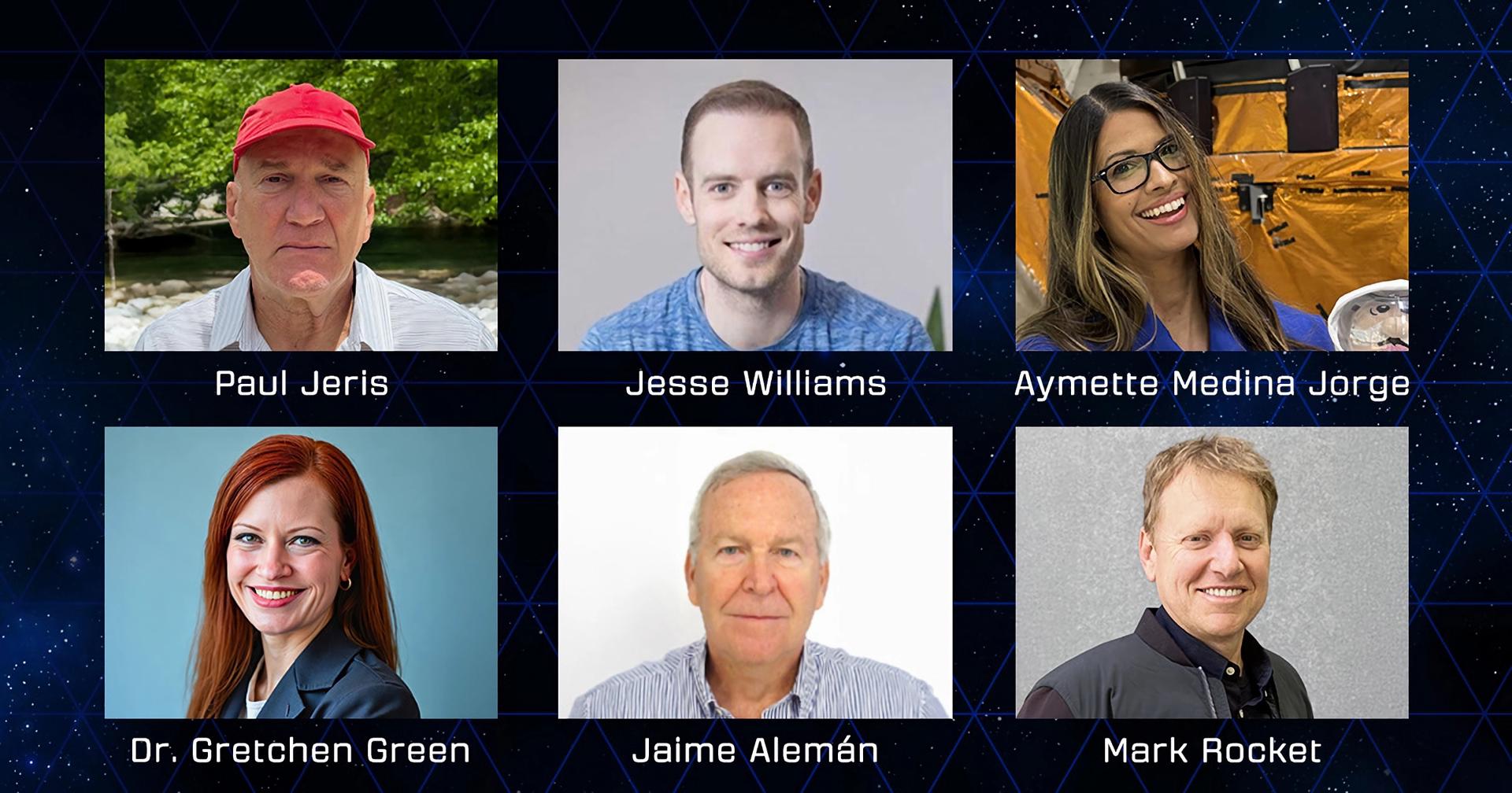 Composición de fotografías cedidas por Blue Origin donde aparecen los seis tripulantes de la misión espacial NS-32: Los emprendedores y aventureros de Canadá, Nueva Zelanda y Estados Unidos Jesse Williams, Mark Rocket y Paul Jeris, la doctora Gretchen Green, el abogado Jaime Alemán y la profesora de ciencias (STEM) Aymette Medina. EFE/ Blue Origin