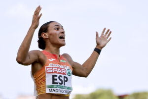 La española Jael Bestué durante la prueba de 200m del campeonato de Europa por equipos que se disputa en el estadio de Vallehermoso, en Madrid. EFE / Sergio Pérez