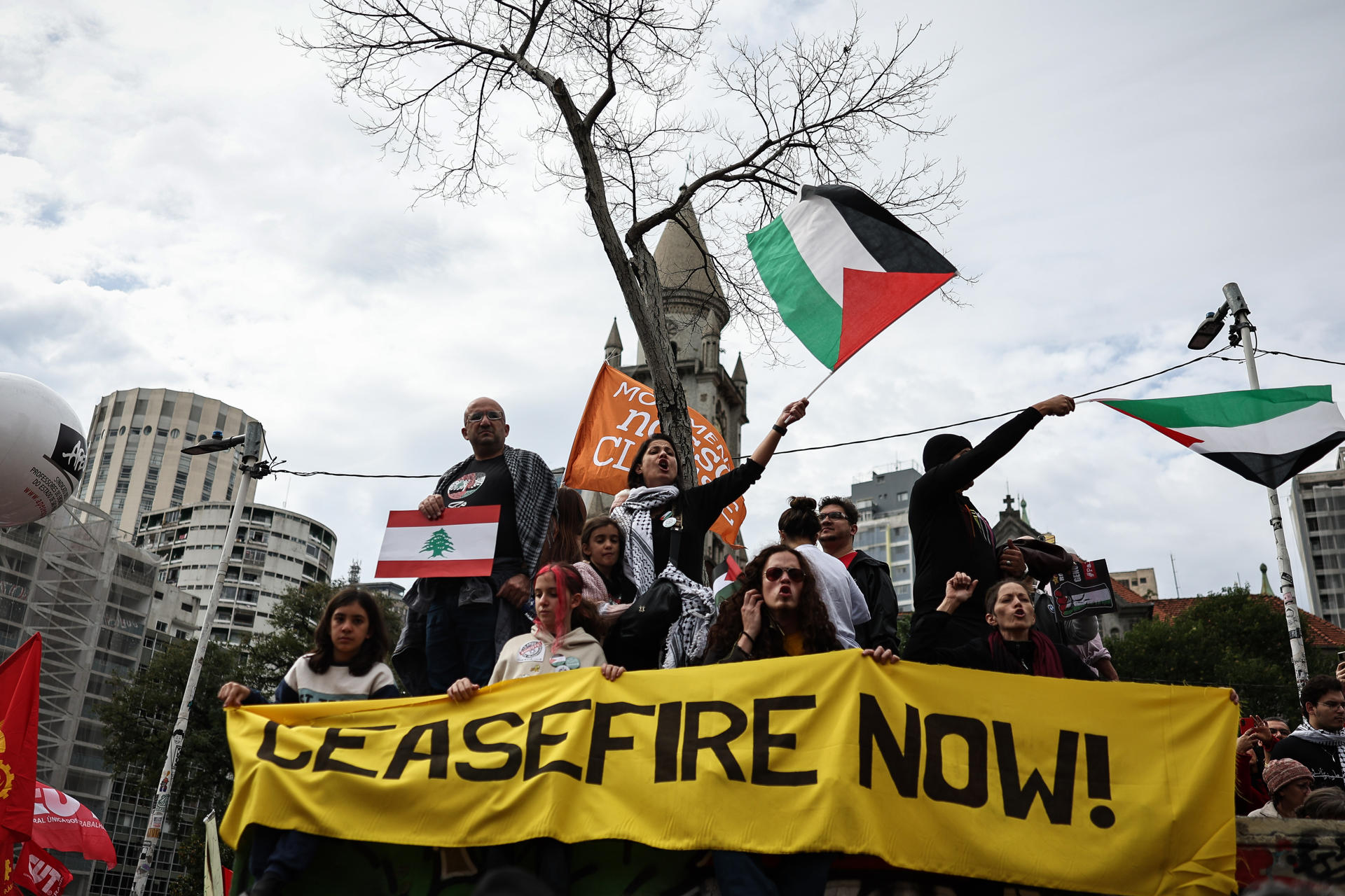 Personas se manifiestan durante una protesta a favor del pueblo palestino este domingo, en São Paulo (Brasil). EFE/ Isaac Fontana