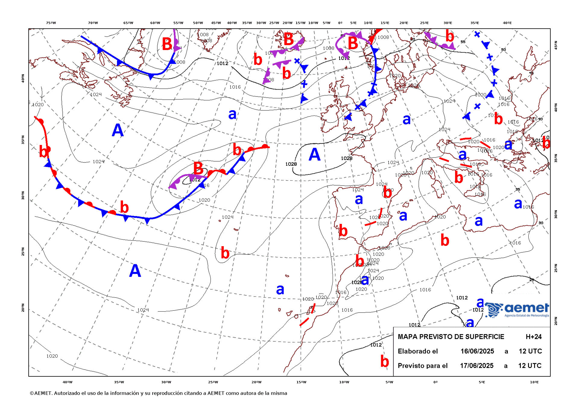 Mapa de isobaras facilitado por la Aemet el 16/06/2025 previsto para el 17/06/2025. EFE *****SOLO USO EDITORIAL/SOLO DISPONIBLE PARA ILUSTRAR LA NOTICIA QUE ACOMPAÑA (CRÉDITO OBLIGATORIO) *****
