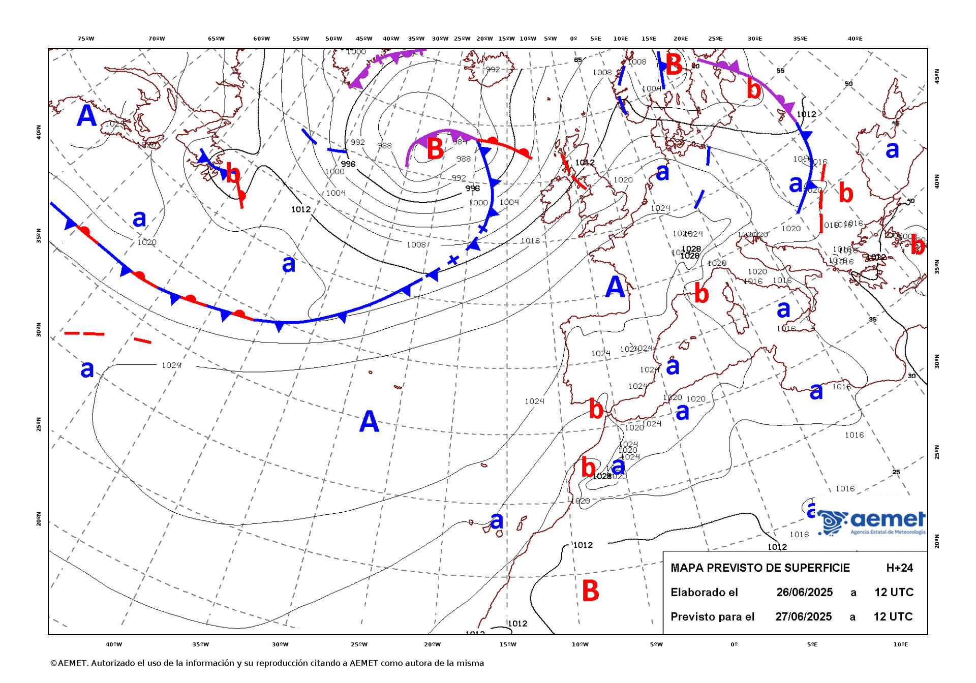 Mapa de isobaras elaborado por la Aemet el 26/06/2025 previsto para el 27/06/2025. EFE/Aemet/SOLO USO EDITORIAL/SOLO DISPONIBLE PARA ILUSTRAR LA NOTICIA QUE ACOMPAÑA (CRÉDITO OBLIGATORIO)
