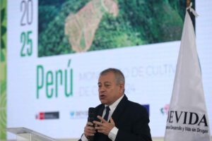 El presidente ejecutivo de la Comisión Nacional para el Desarrollo y Vida sin Drogas (Devida), Carlos Figueroa, habla durante la presentación del 'Reporte de Monitoreo de Cultivos de Coca-2024' este viernes, en la Oficina de Naciones Unidas Contra la Droga y el Delito (Unodc) en Lima. EFE/Paolo Aguilar