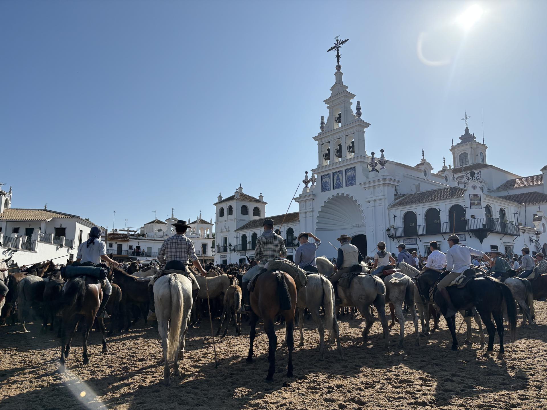 Los yegüerizos de Almonte (Huelva) han vuelto a cumplir este jueves, como cada 26 de junio, con la tradición de la 'Saca de las Yeguas' en la que miles de equinos que viven en estado semisalvaje en la marisma de Doñana-unos 1.300 este 2025- la abandonan con dirección a Almonte y en ese camino, uno de los puntos claves, es el paso de los animales ante el Santuario de la Virgen del Rocío. EFE/Laura Rincón