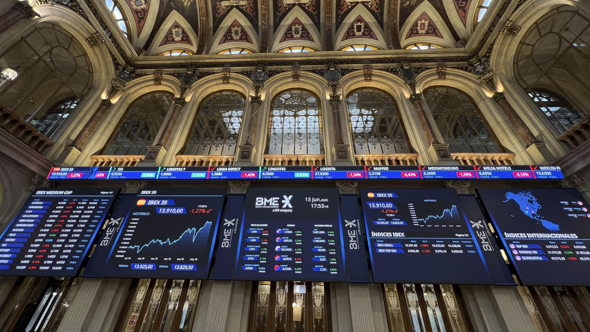 El índice de referencia de la Bolsa española, el  IBEX 35, perdió este viernes un 1,27 %, su mayor caída desde principios de abril, y también el nivel de los 14.000 puntos, después de que Israel haya bombardeado Irán, lo que ha disparado el precio del petróleo más del 8 %. EFE/Altea Tejido
