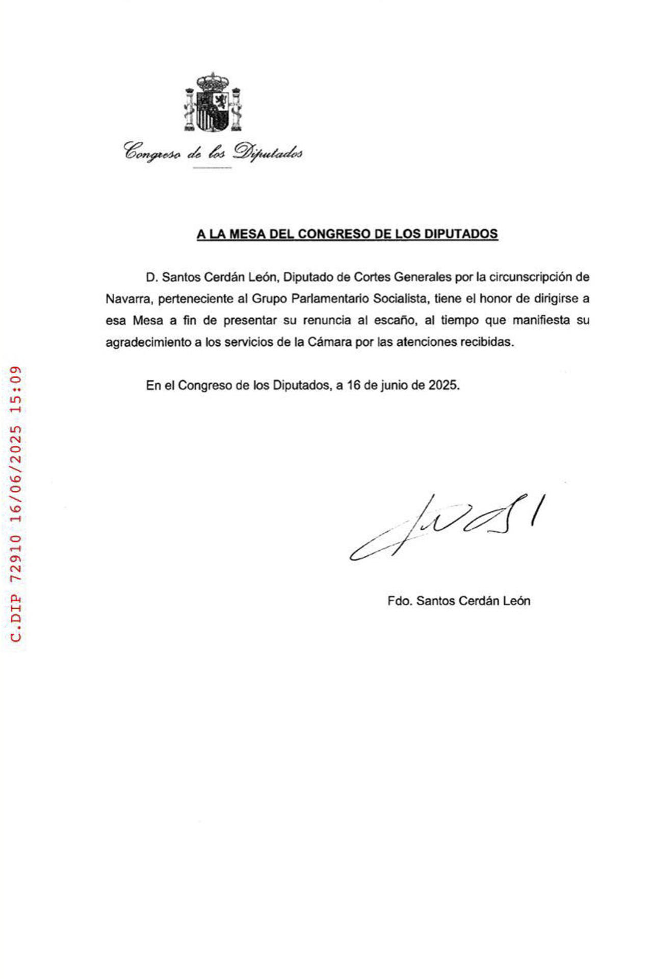 Escrito de Cerdán al Congreso. EFE