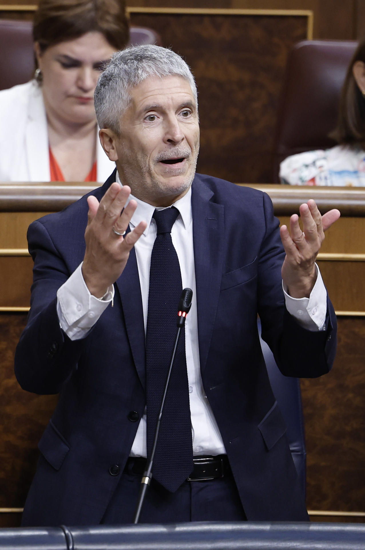 El ministro de Interior, Fernando Grande-Marlaska, interviene durante la sesión de control al Gobierno en el Congreso de los Diputados, este miércoles. EFE/Chema Moya