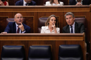 El líder popular, Alberto Núñez Feijóo (d), la diputada Cuca Gamarra, y el portavoz del PP en el Congreso, Miguel Tellado, durante el pleno celebrado este jueves en la Cámara Baja. EFE/ Borja Sanchez-Trillo