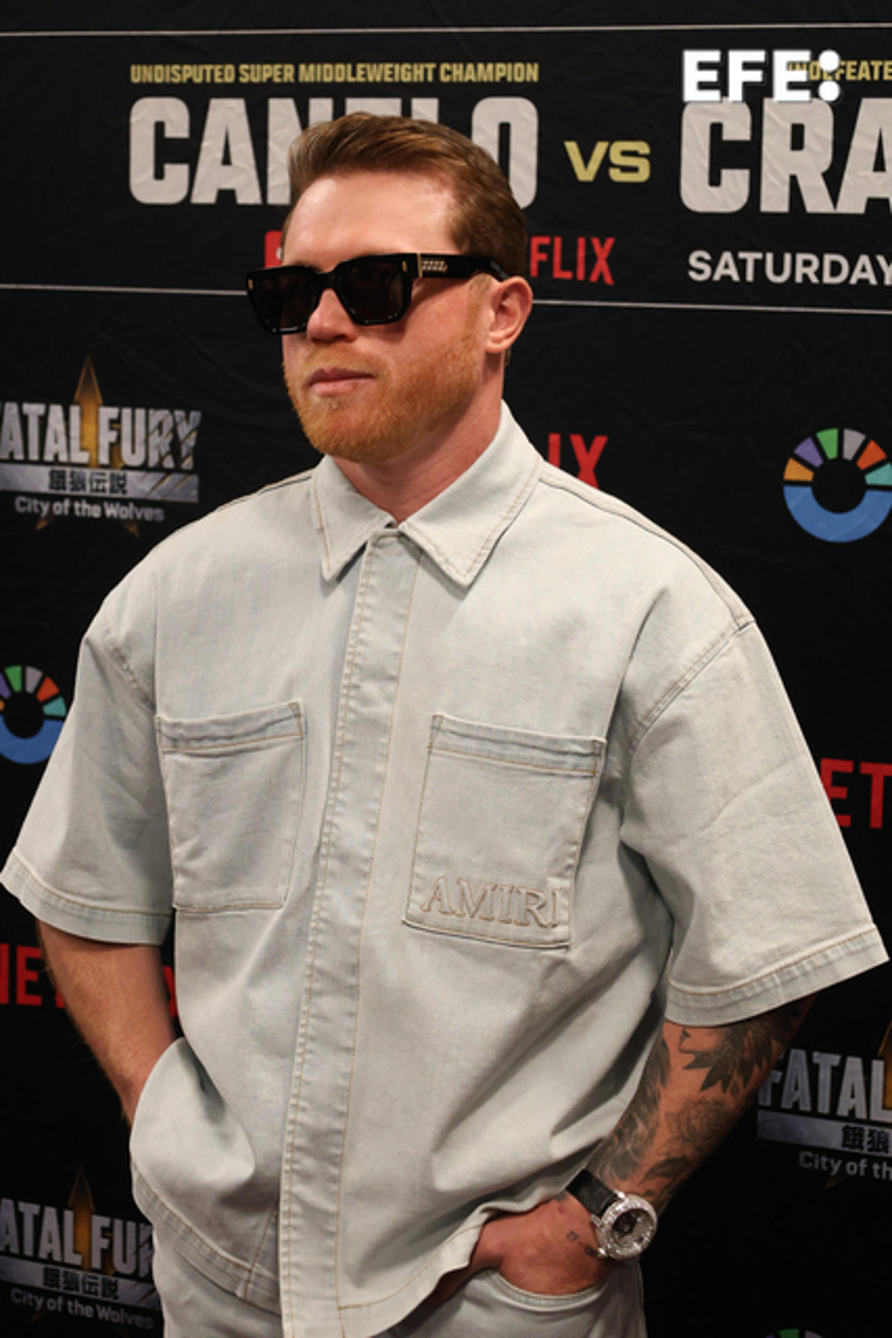 El boxeador mexicano Saúl Canelo Álvarez participa en una rueda de prensa de presentación de su combate contra el estadounidense Terence Crawford este viernes, en el Arena T-Mobile de Las Vegas (Estados Unidos). Álvarez y Crawford presentaron su esperado combate del próximo 13 de septiembre. EFE/ Octavio Guzmán