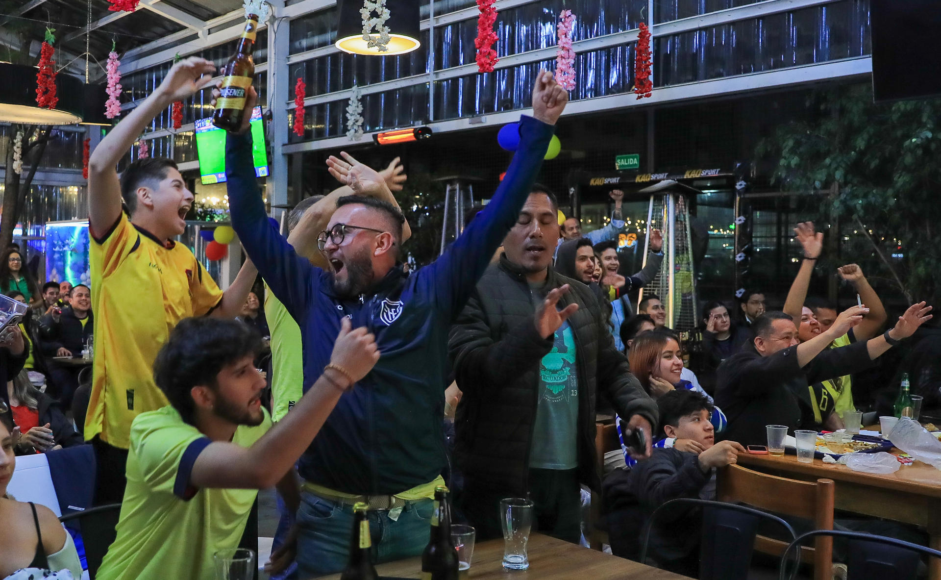 Hinchas de Ecuador celebran la clasificación de la selección de fútbol, este martes en Quito. EFE/ José Jácome