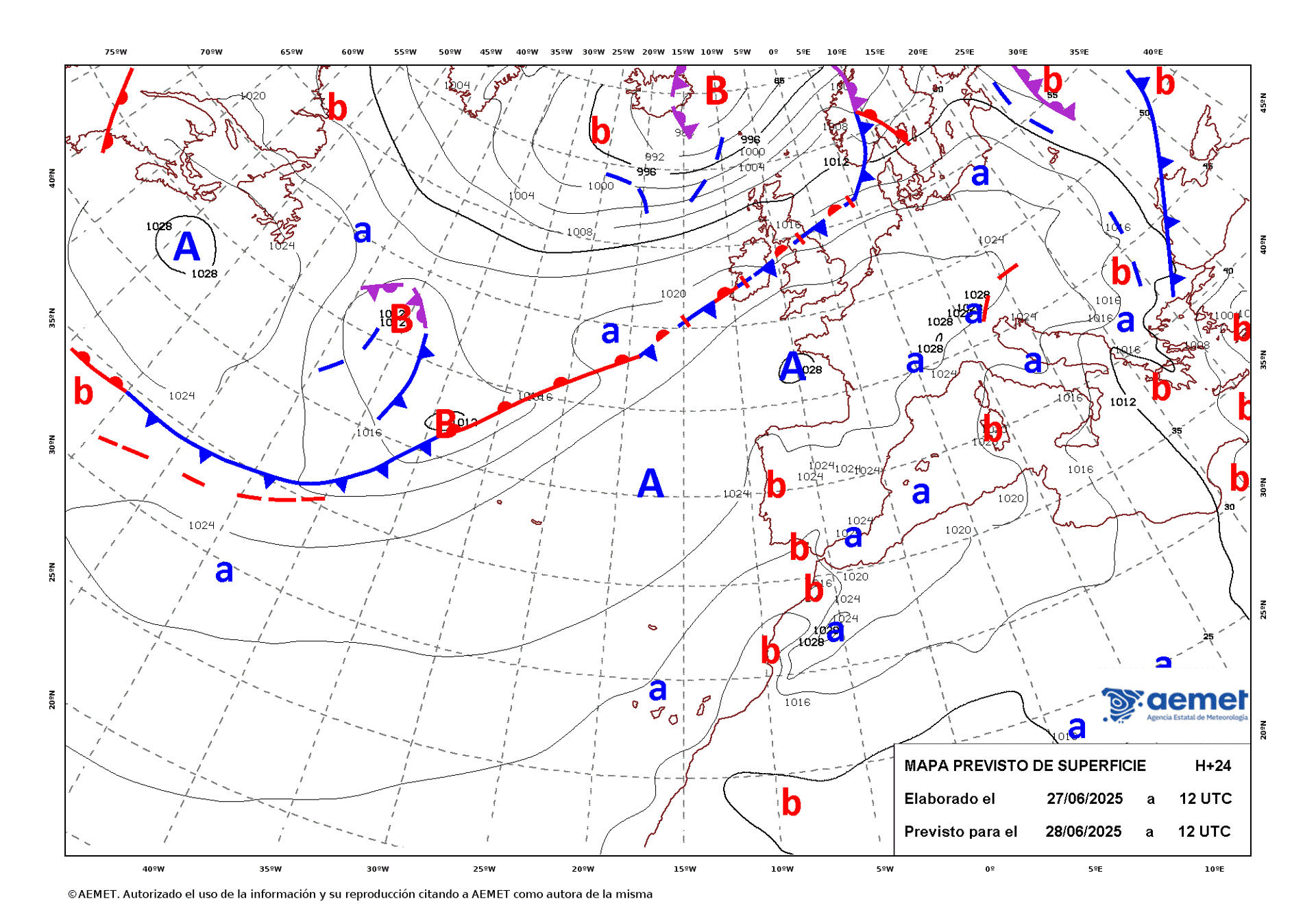 Mapa de isobaras elaborado por la Aemet el 27/06/2025 previsto para el 28/06/2025. EFE/Aemet/SOLO USO EDITORIAL/SOLO DISPONIBLE PARA ILUSTRAR LA NOTICIA QUE ACOMPAÑA (CRÉDITO OBLIGATORIO)