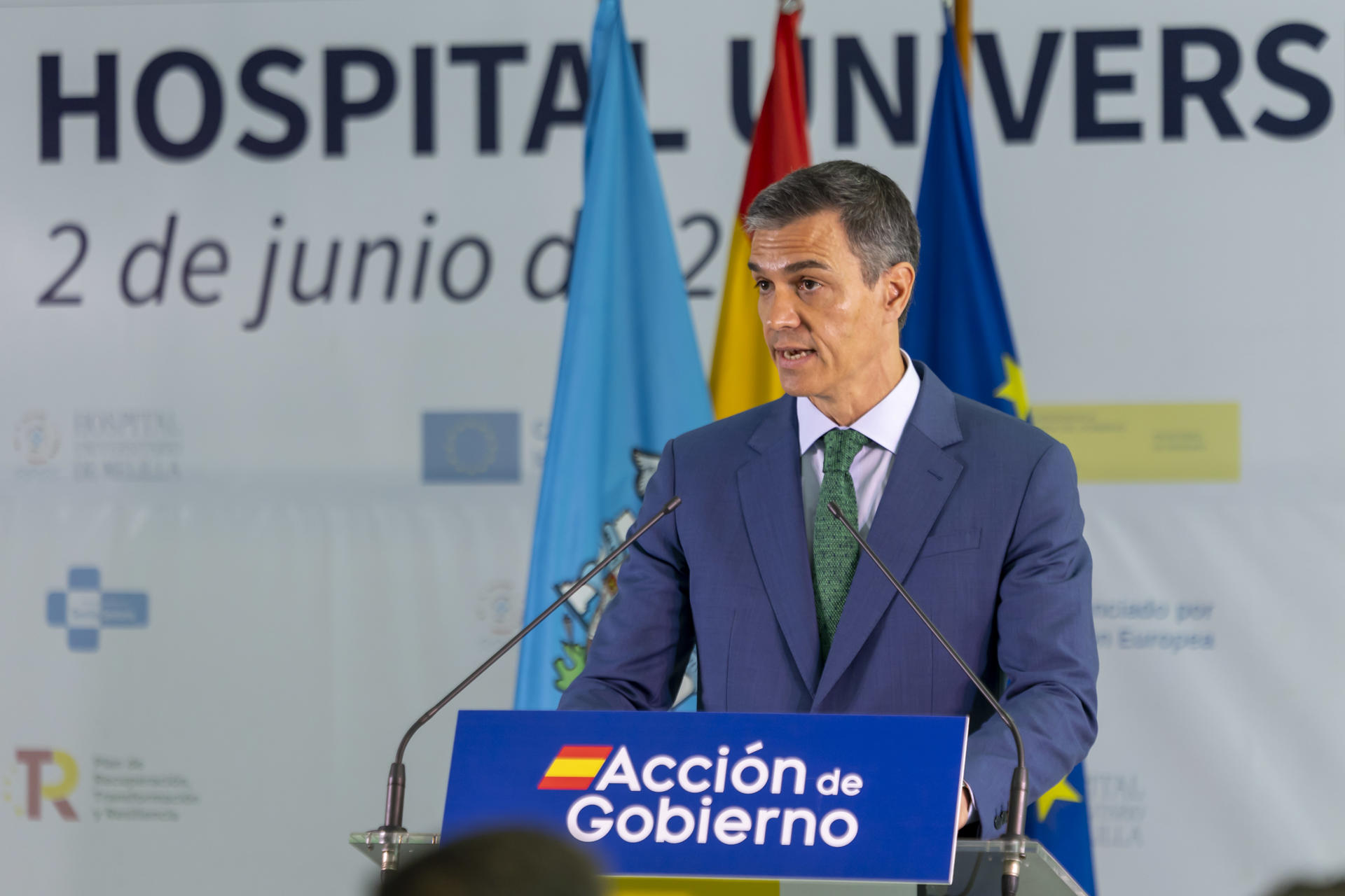 El presidente del Gobierno, Pedro Sánchez, interviene en el acto de inauguración del Hospital Universitario de Melilla, este lunes. EFE/ José Manuel Giner Gutiérrez
