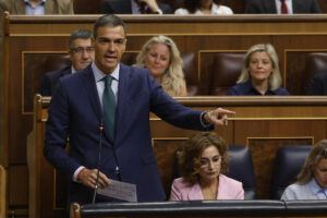 El presidente del Gobierno, Pedro Sánchez, durante su intervención en la sesión de control al Ejecutivo este miércoles en el Congreso. EFE/ Juan Carlos Hidalgo