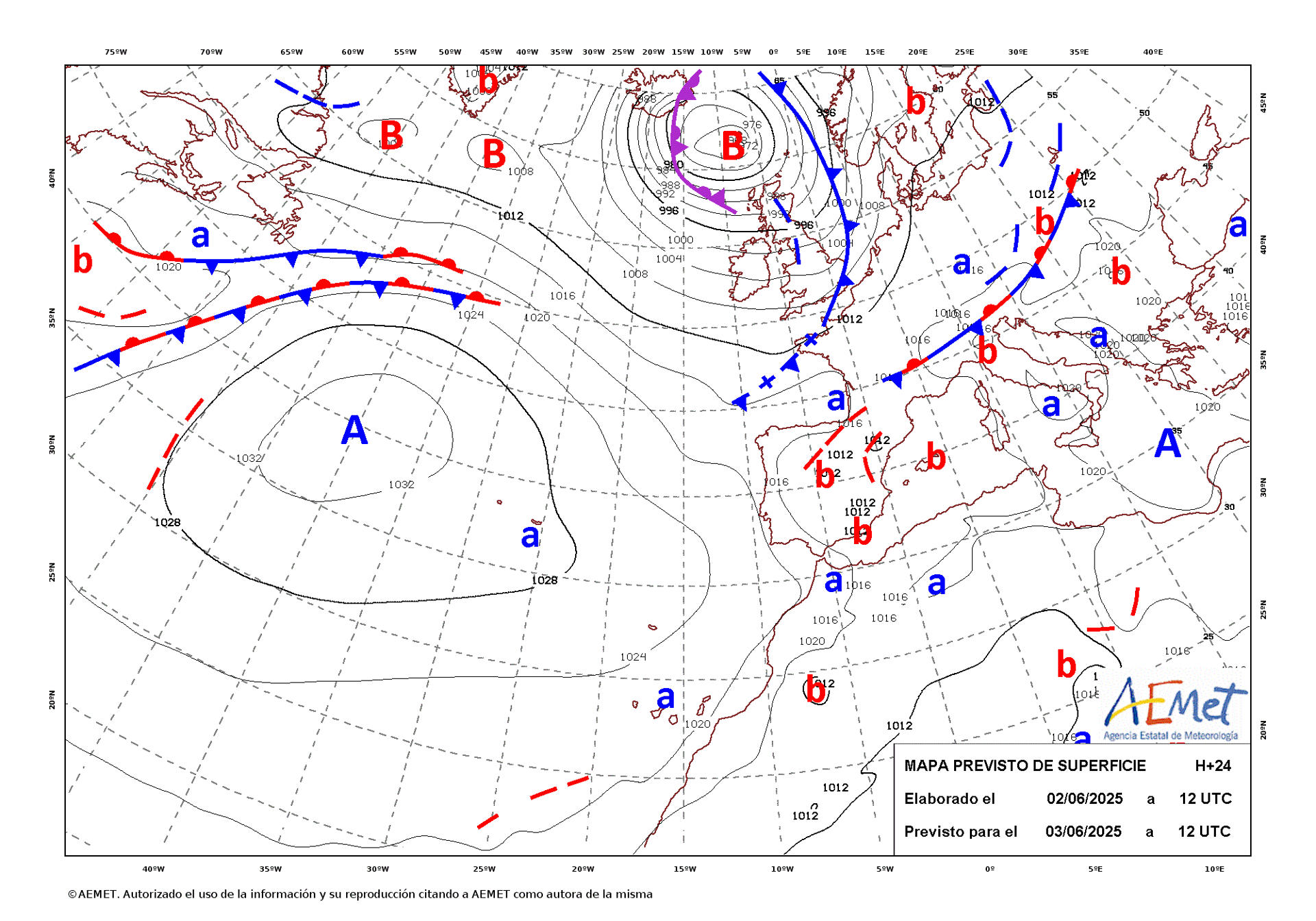 Mapa de isobaras facilitado por la Aemet, elaborado el 02/06/2025 y previsto para el 03/06/2025. EFE/Aemet SOLO USO EDITORIAL/SOLO DISPONIBLE PARA ILUSTRAR LA NOTICIA QUE ACOMPAÑA (CRÉDITO OBLIGATORIO)
