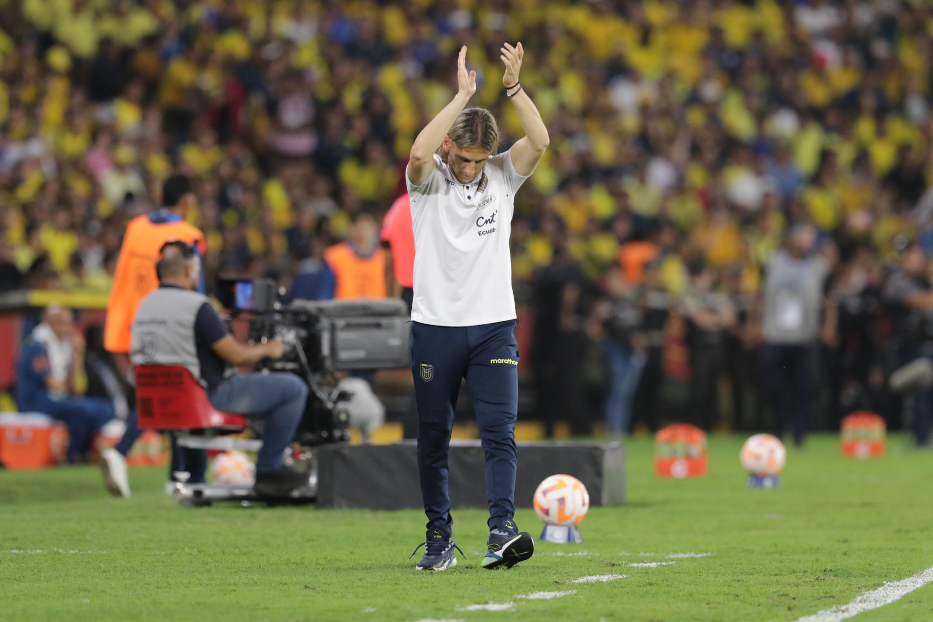 El seleccionador de Ecuador, el argentino Sebastián Beccacece (i), saluda a la afición del estadio Monumental Isidro Romero Carbó de Guayaquil por el apoyo durante el partido sin goles con Brasil de la decimoquinta fecha de las eliminatorias sudamericanas del próximo Mundial. EFE/ Jonathan Miranda Vanegas