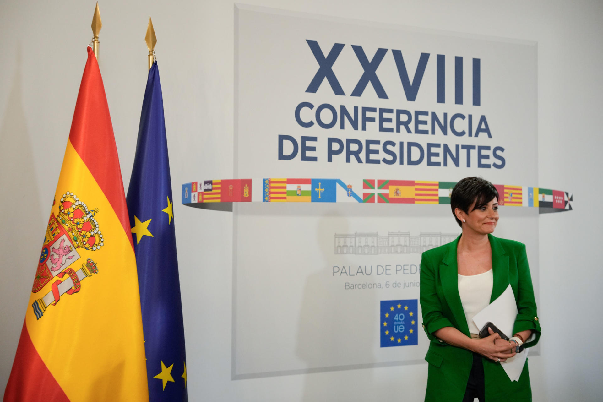 La ministra de Vivienda, Isabel Rodríguez, durante su asistencia a la XXVIII Conferencia de Presidentes, celebrada en el Palau de Pedralbes de Barcelona. EFE/ Alejandro García